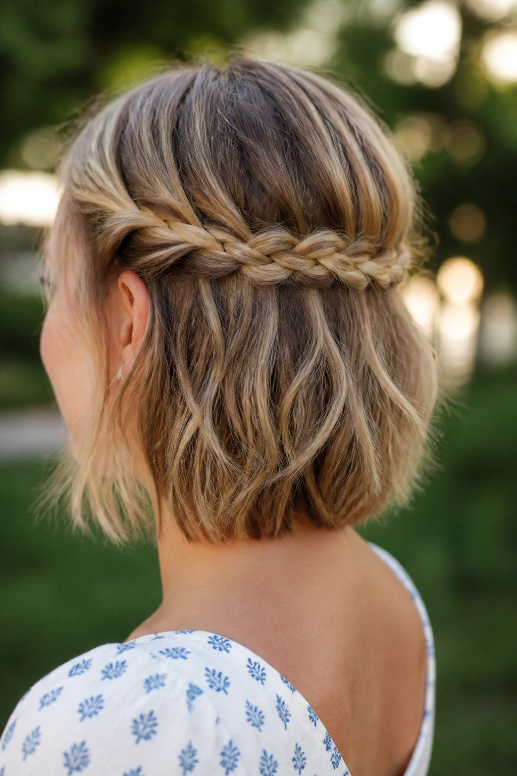 Rear three-quarter portrait showing a horizontal crown braid across the back of the head