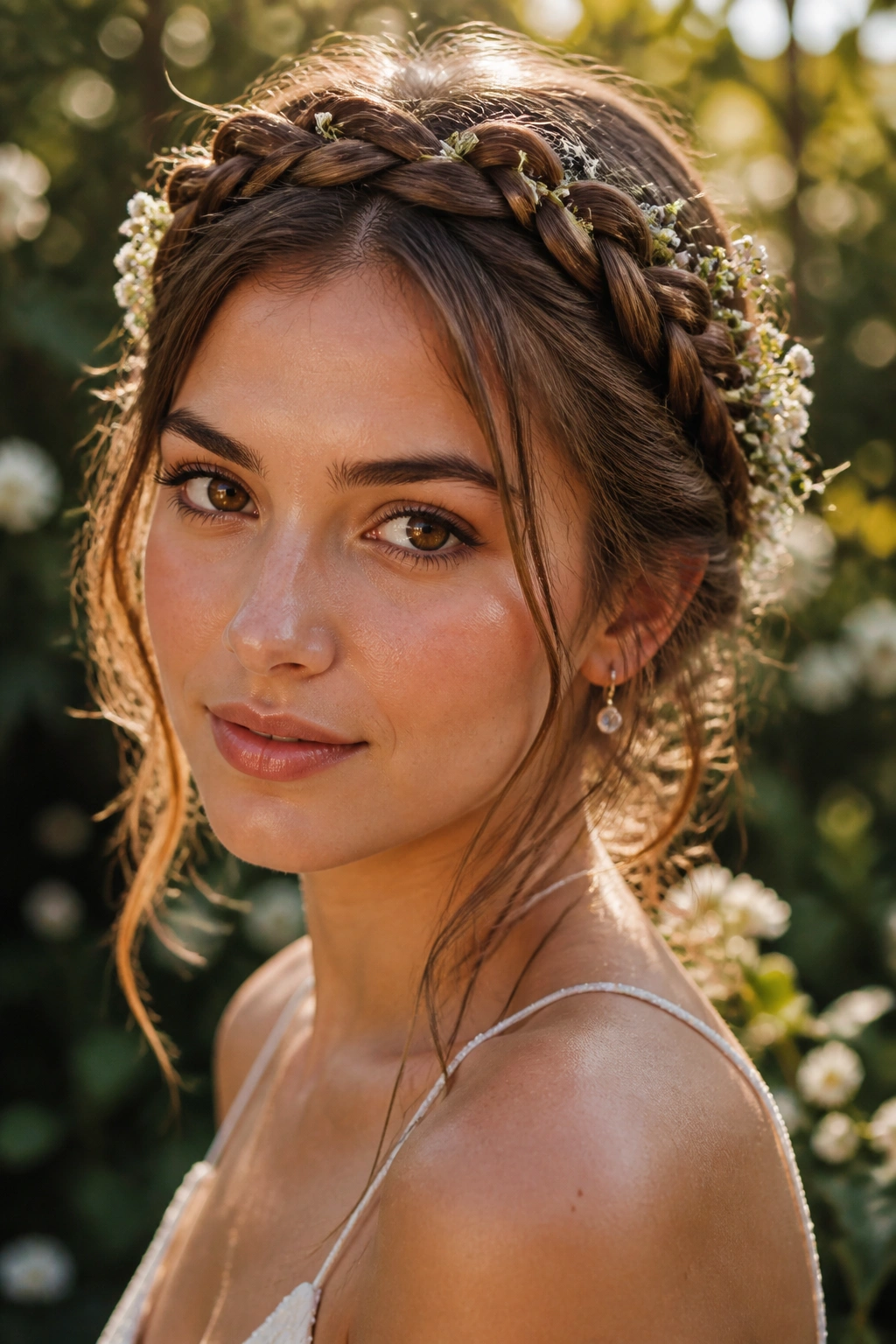 Close-up of a real woman with a Bohemian crown braid and flowers