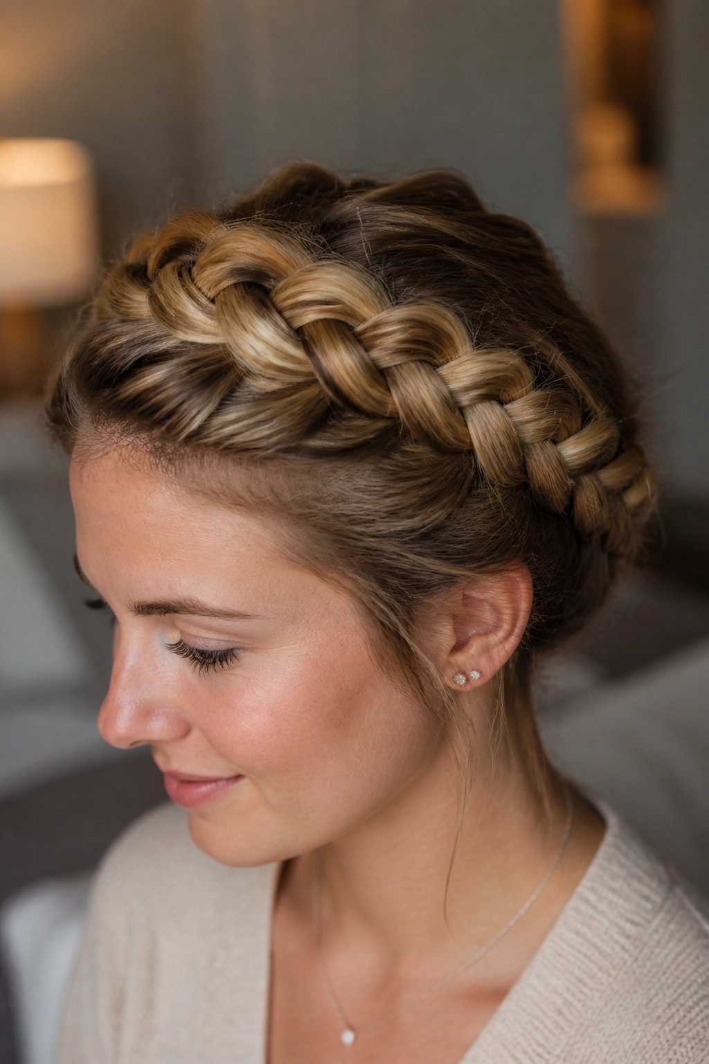 Close-up of a woman with a crown Dutch braid around her head