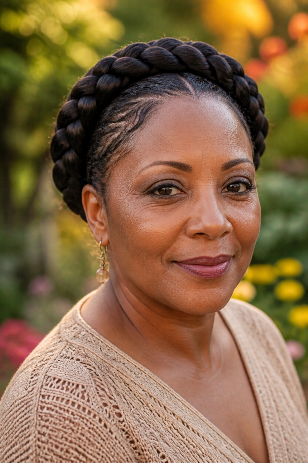 Real woman with a crown halo braid encircling her head