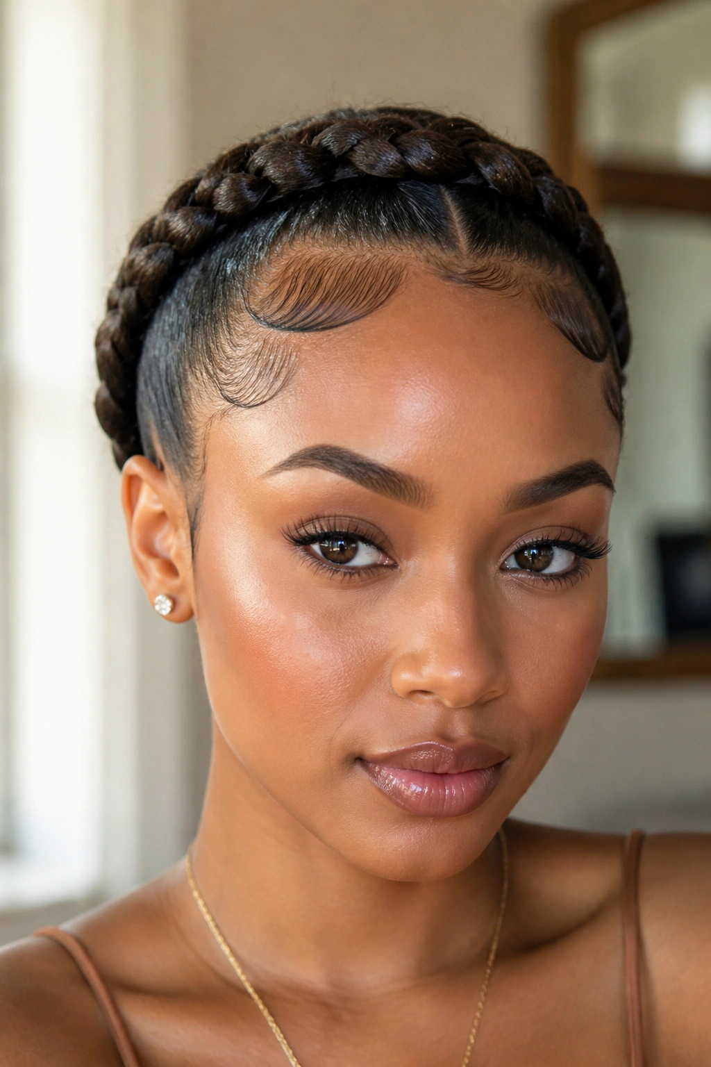 Close-up of real person with a crown braid and laid edges