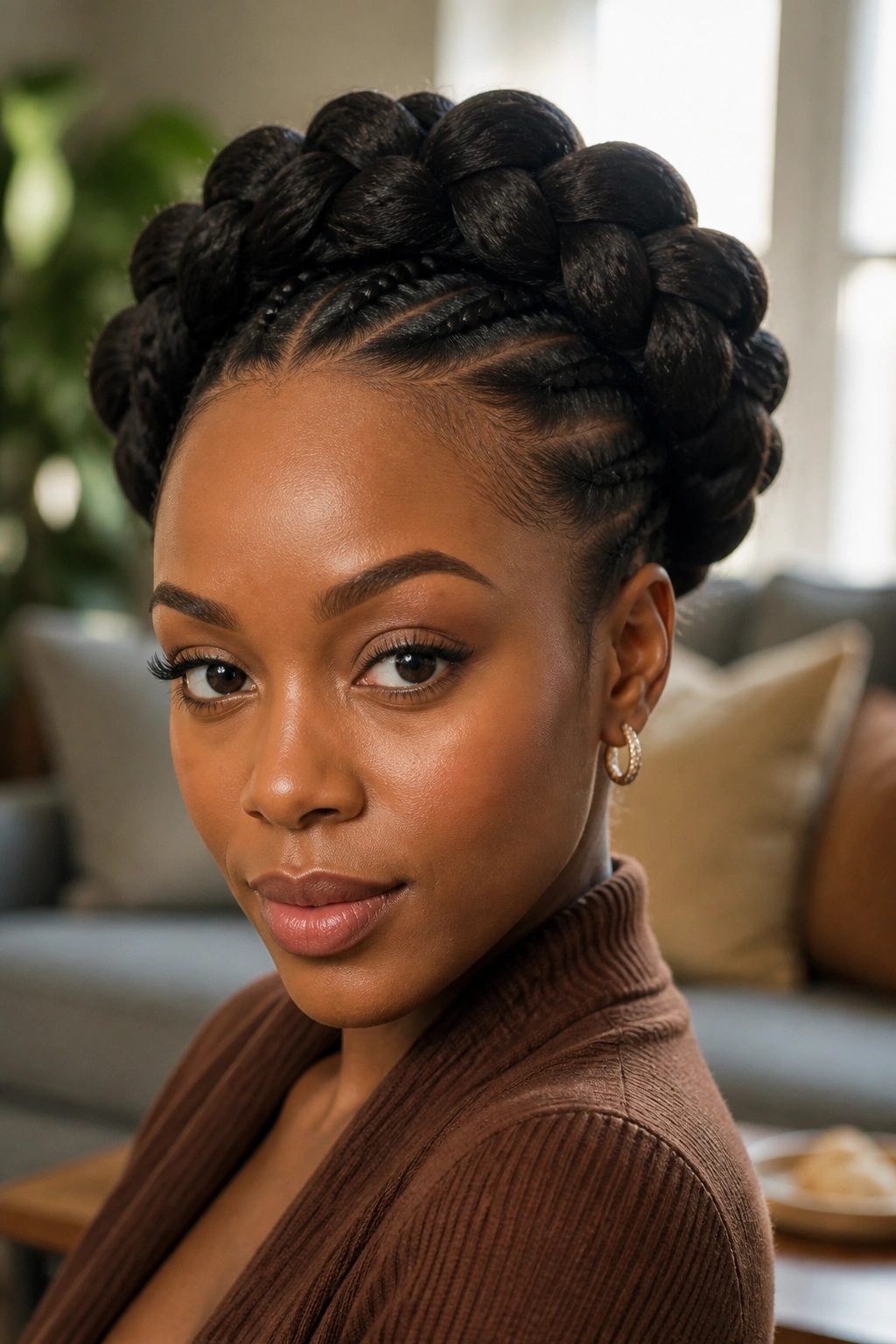 Real woman with crown-shaped bubble braid halo around her head