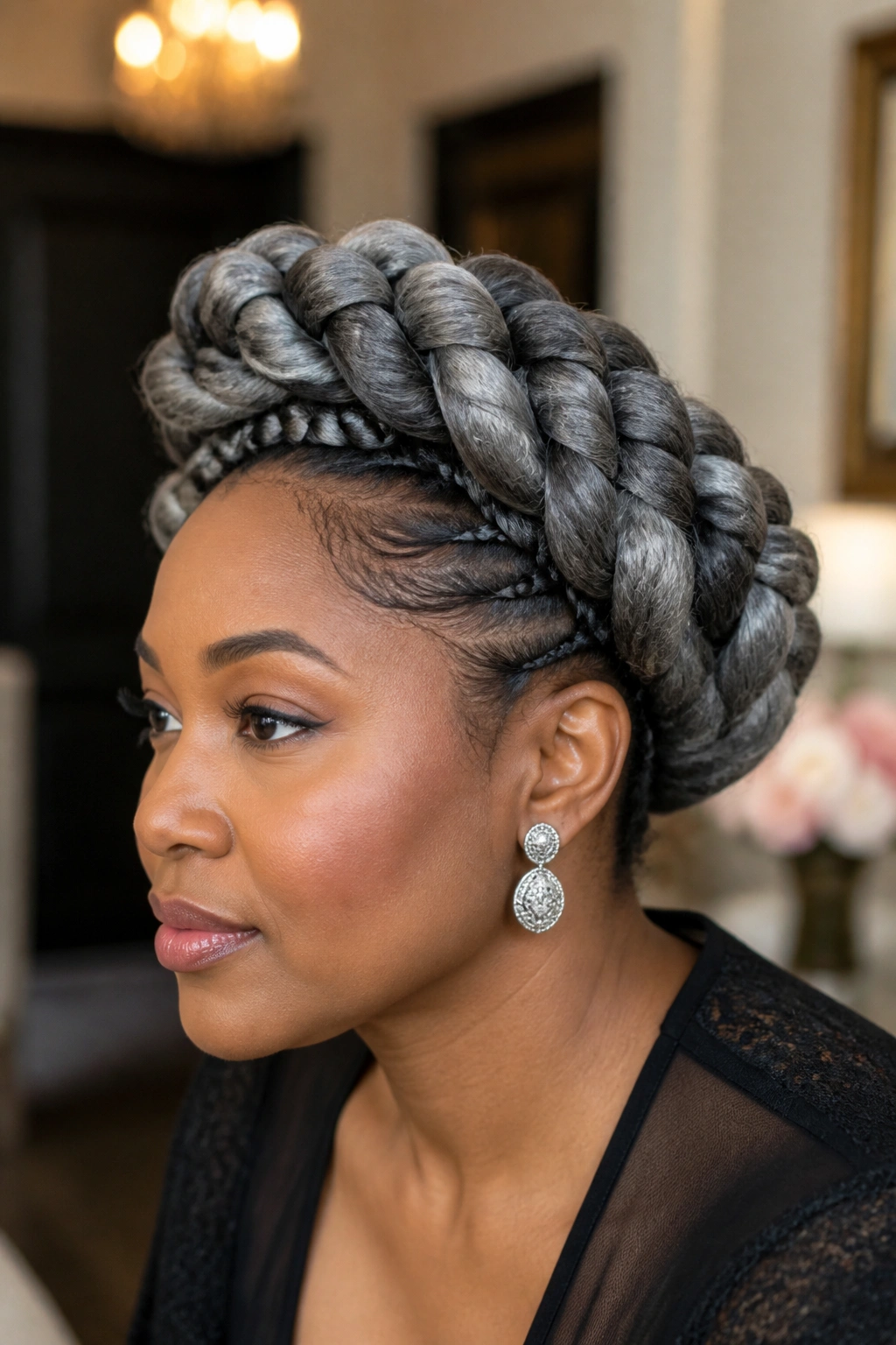 Real person wearing jumbo grey crown braid updo