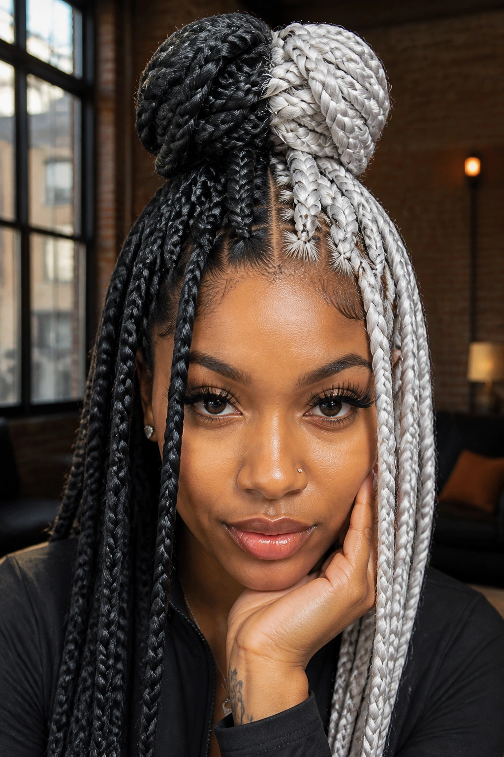 Close-up of a real person with split charcoal and white jumbo braids