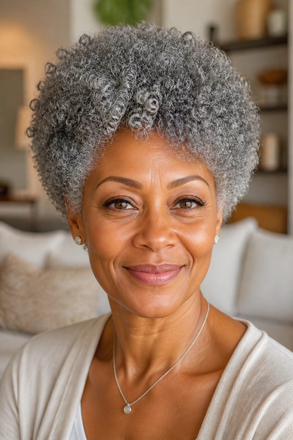 Close-up of a woman with a curly Afro-Lite hairstyle in a sunny room