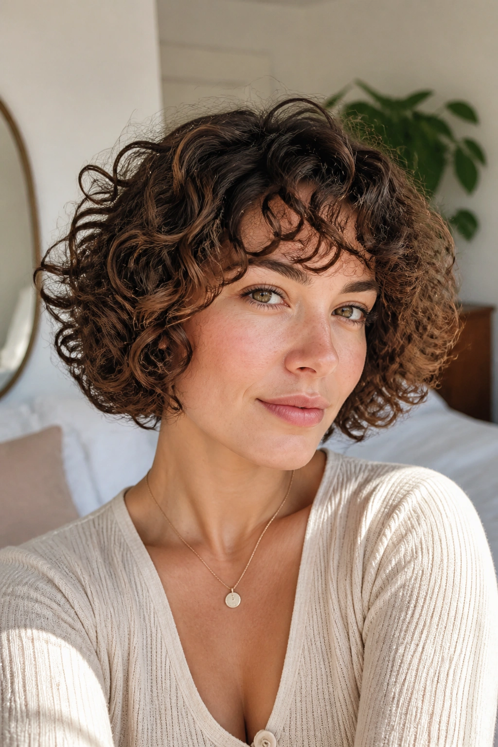 Close-up portrait of a real person with curly bob and defined curls in bright morning light