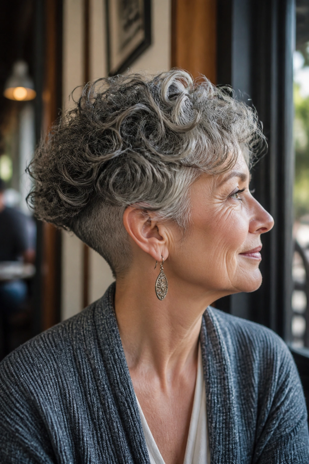 Close-up of older woman with curly bob and visible undercut at nape