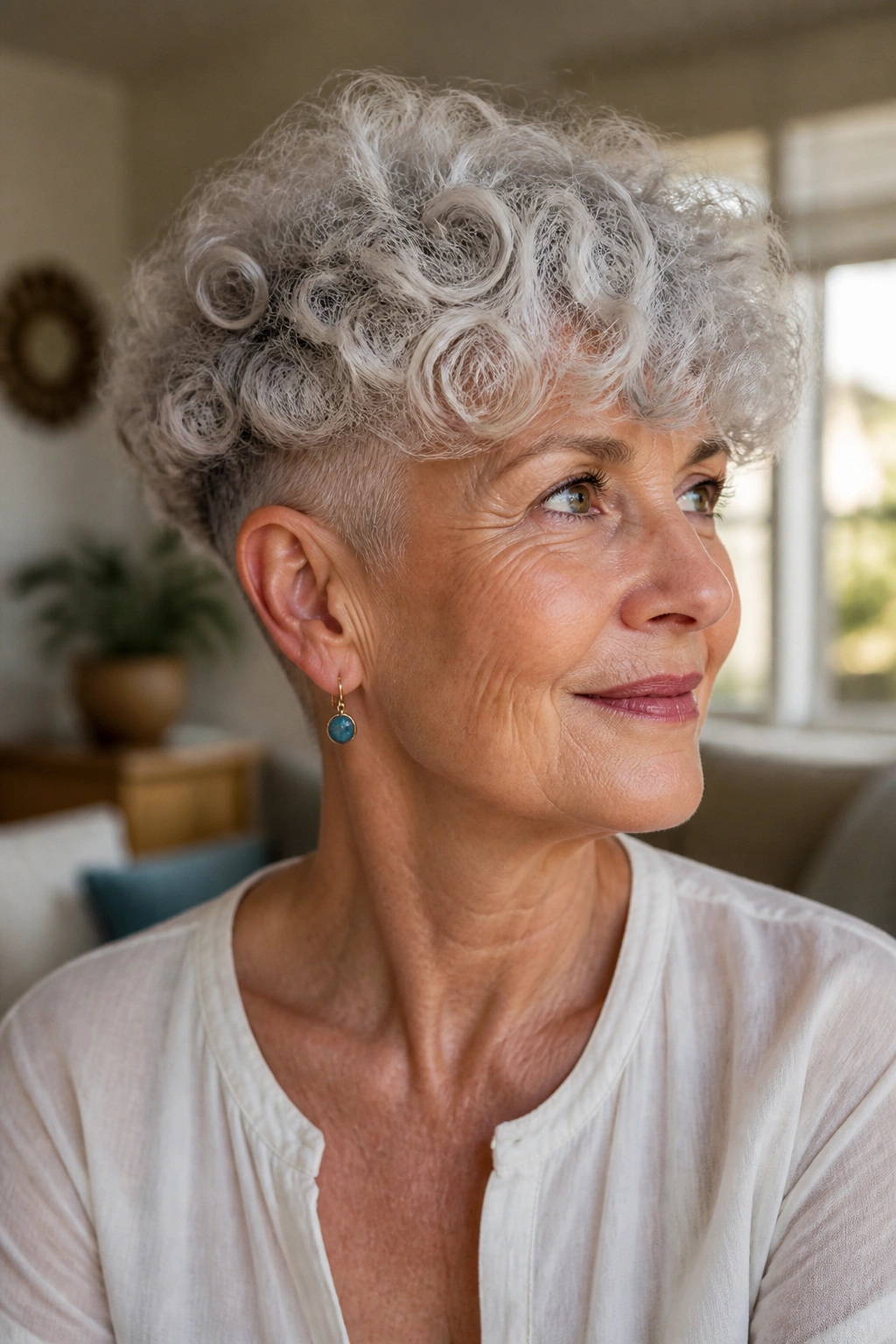Portrait of an older woman with a curly bowl cut halo around the head.