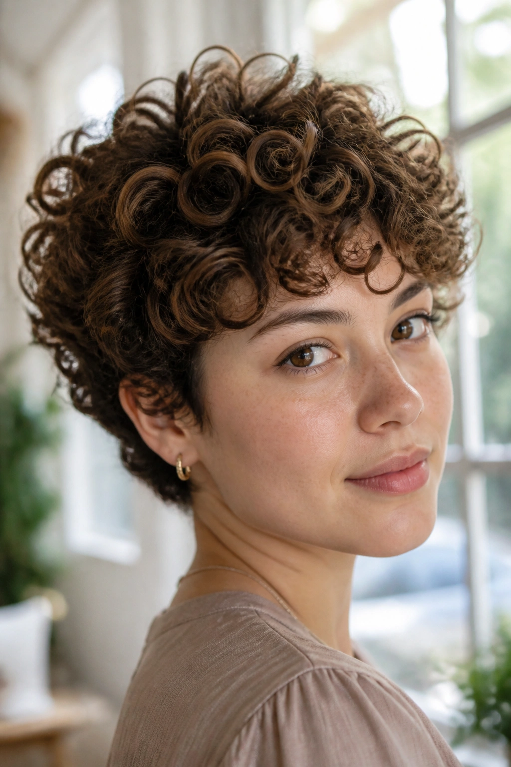Close-up of a real person with a curly crop and rounded layers