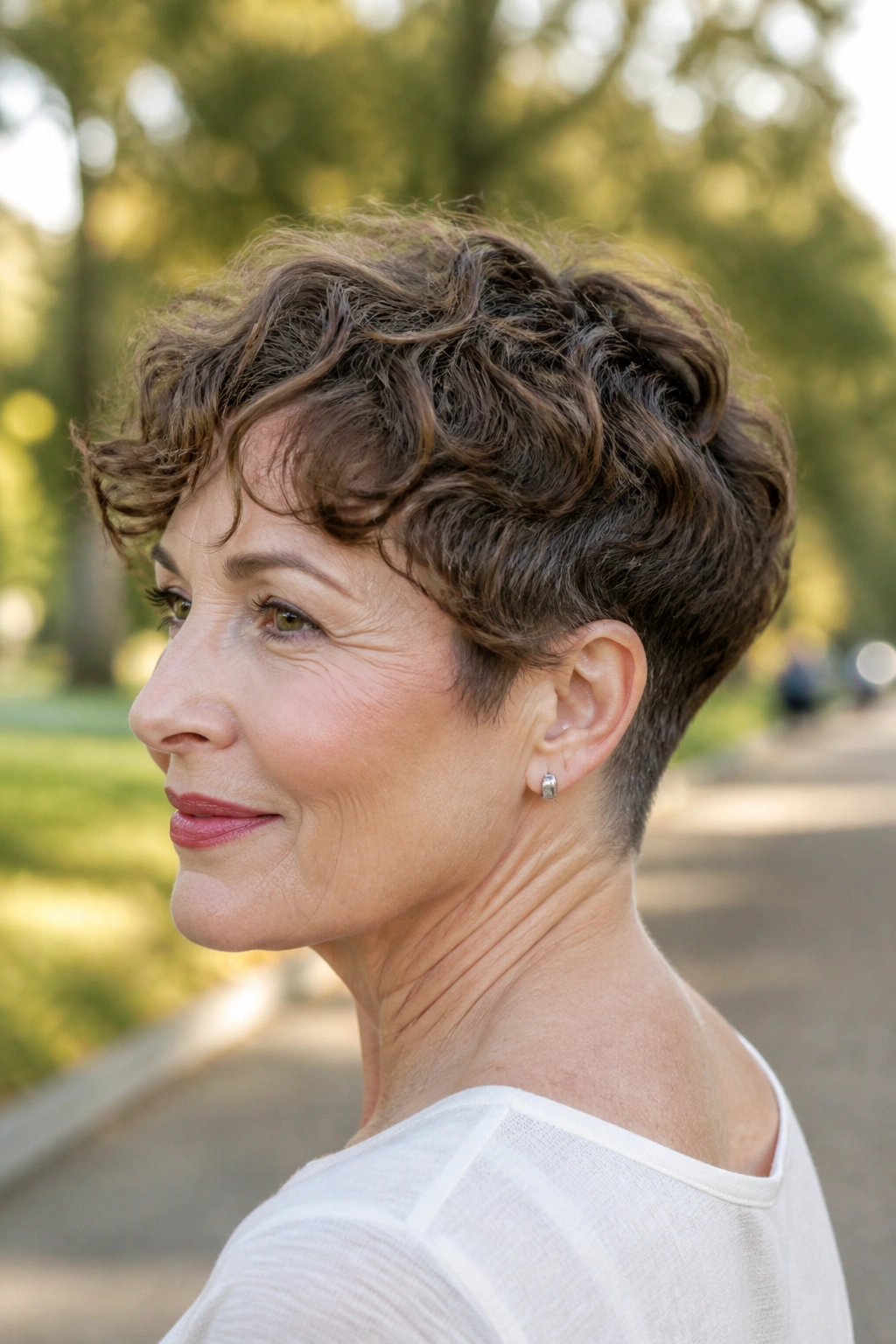 Close-up portrait of a real woman with curly crop and tapered nape in sunlit garden