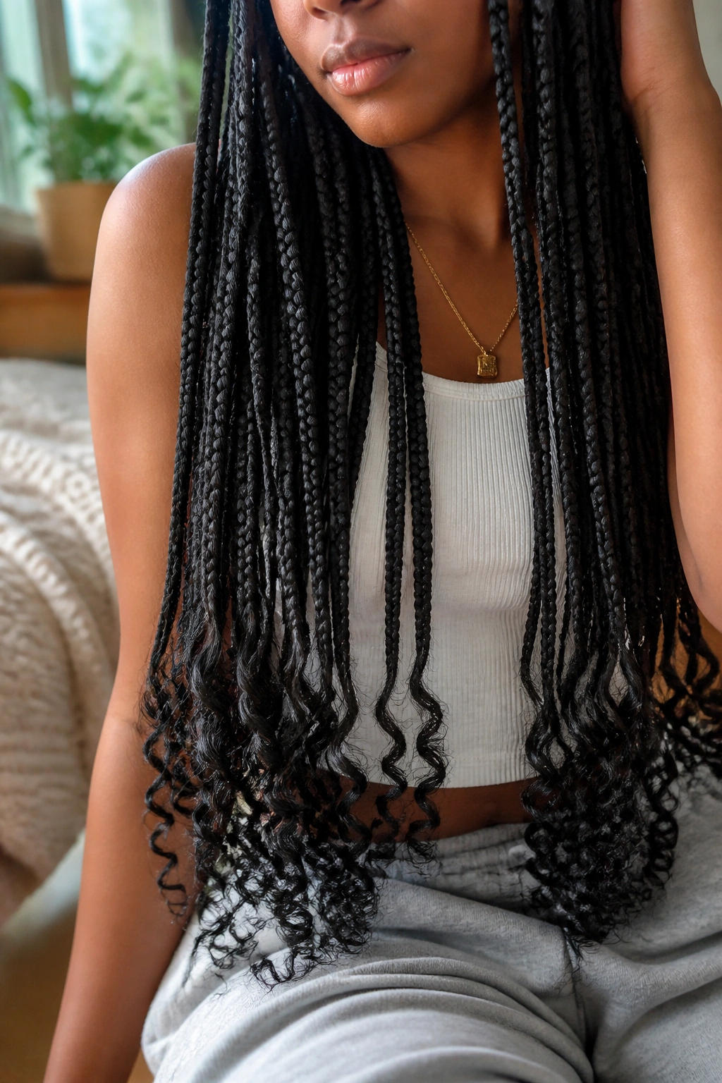 Close-up of curly-ended long box braids on a real person in warm indoor light
