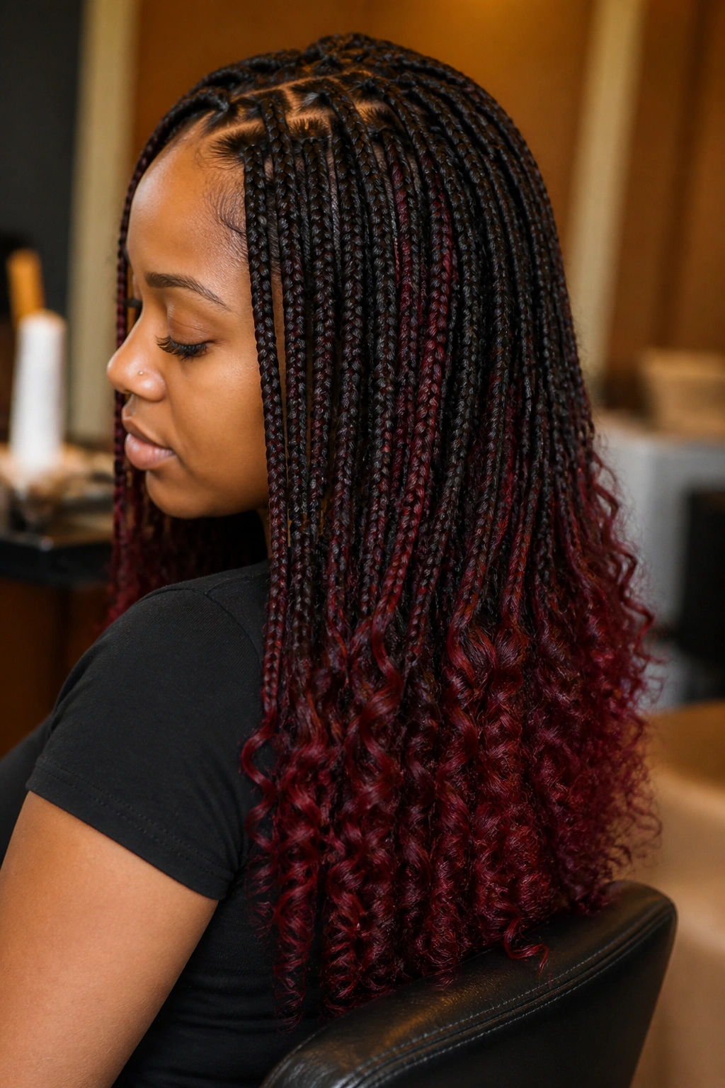 Side profile of a real woman showing curly-ended braids in a salon