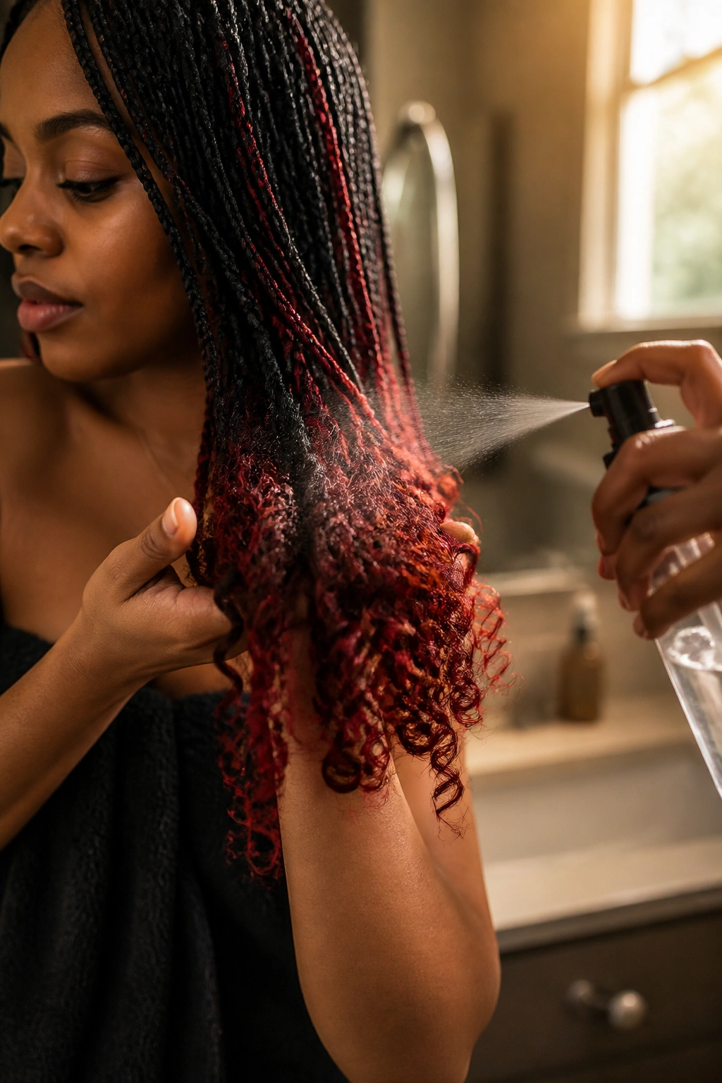 Real person with moisturized curly ends and spritz near tips in a bathroom setting