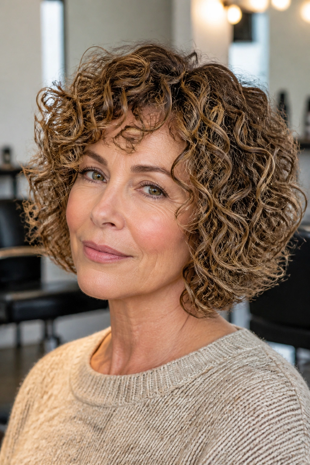 Portrait of a real woman with curly layered bob, springy curls in a salon