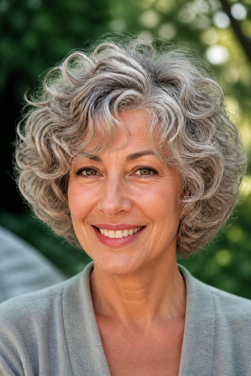 Close-up portrait of a real woman with curly layered cut