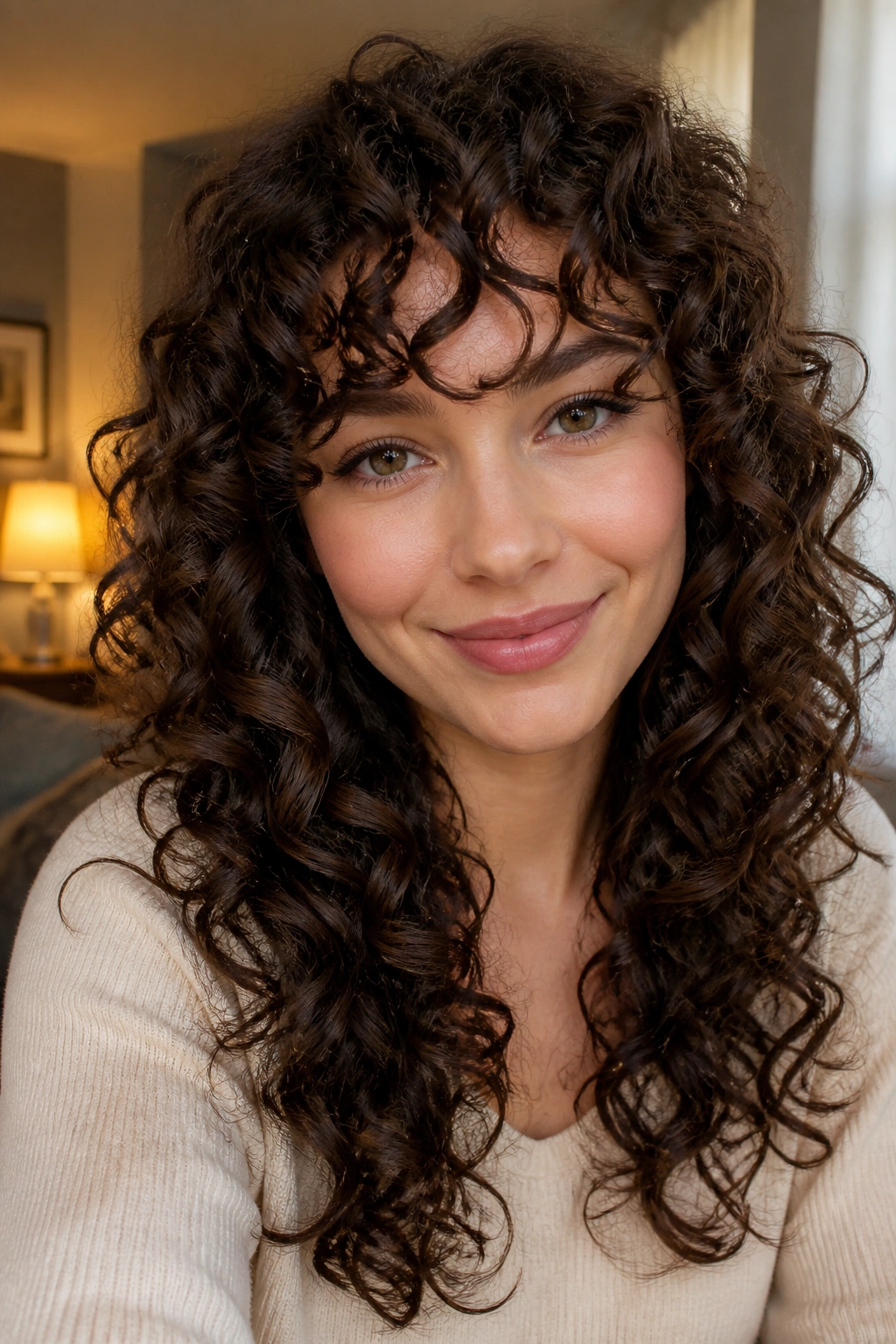 Close-up of a real woman with curly layers and curly fringe in a cozy living room