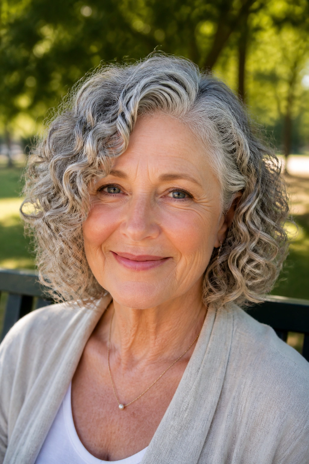 Mature woman with curly lob and deep side part