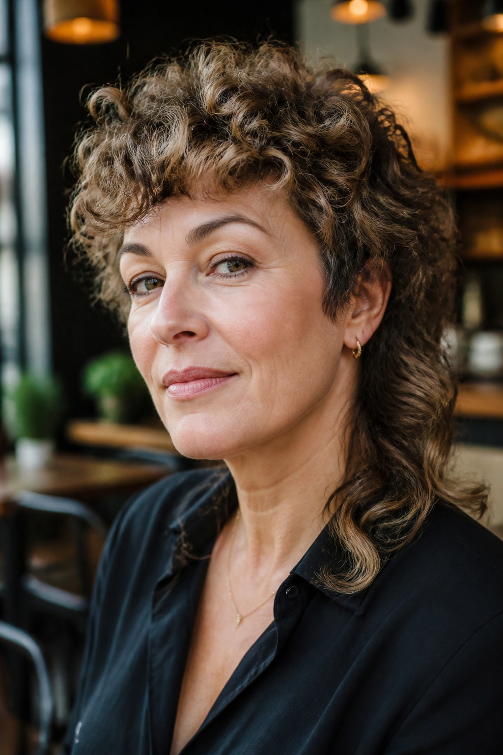 Real woman with modern curly mullet in urban cafe setting