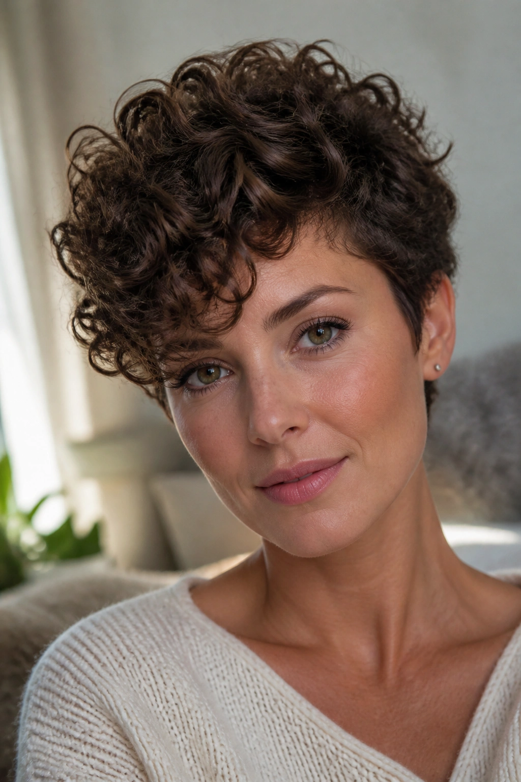 Portrait of a woman with a curly pixie and longer top layers in soft indoor light.