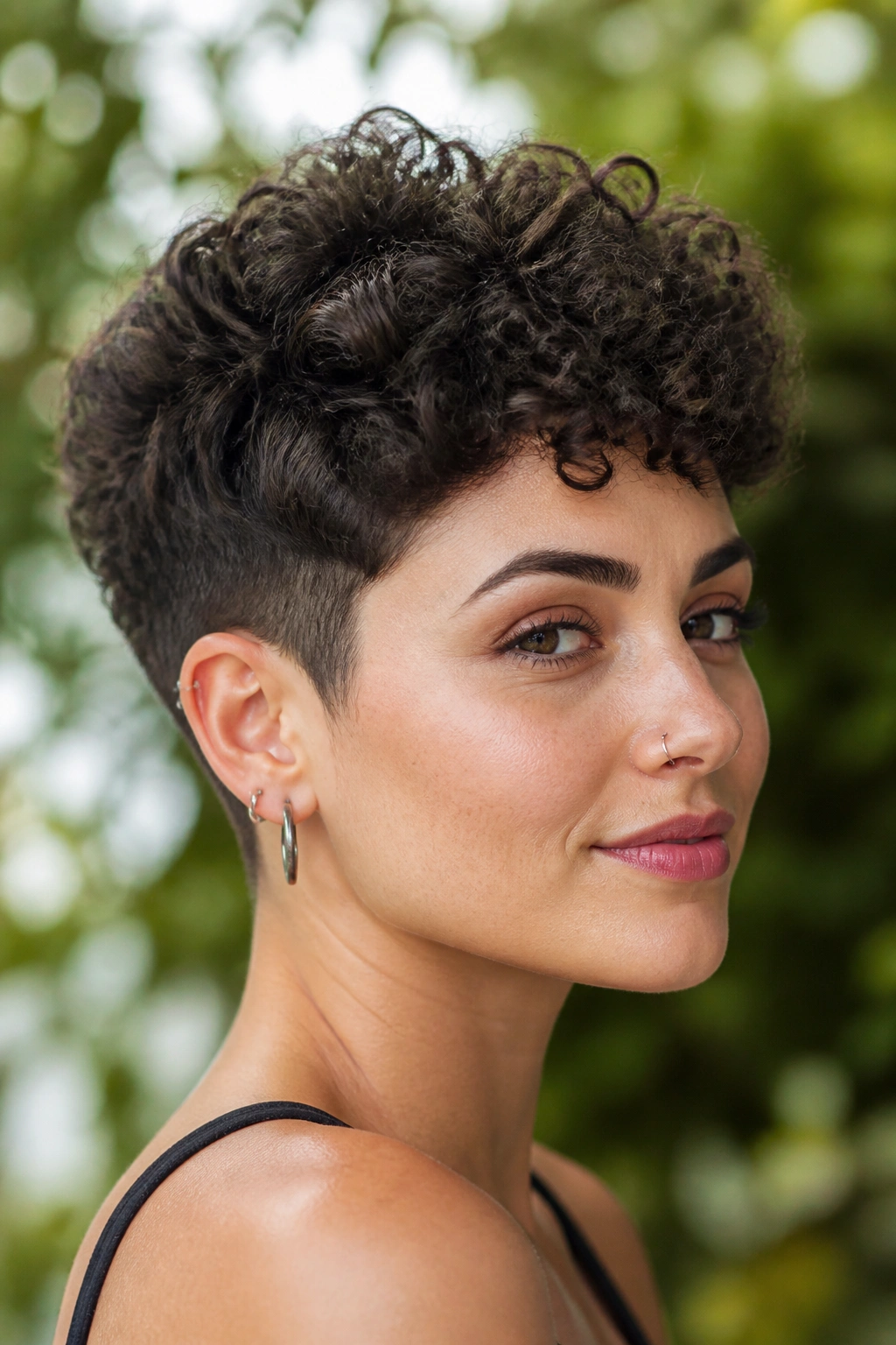 Close-up portrait of a person with curly pixie and tapered sides, curls defined.