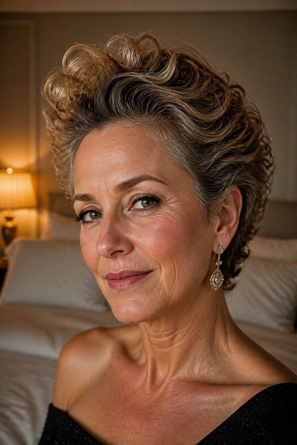 Close-up of a real woman with a swept-back curly pompadour.