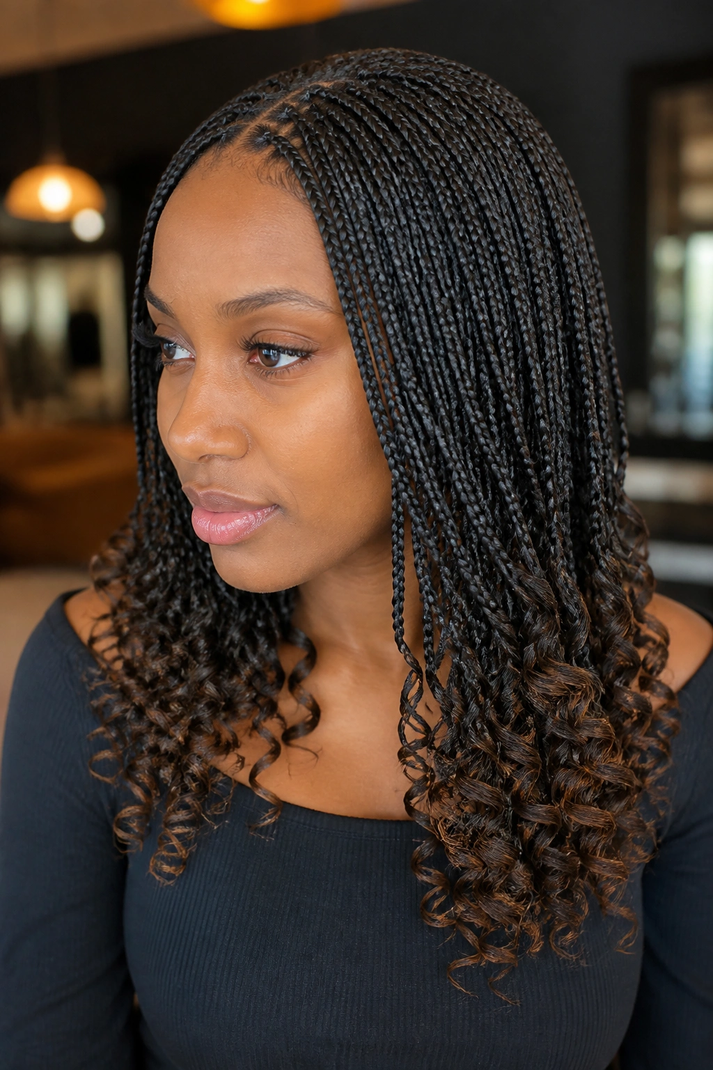 Close-up of a real woman with curly-tipped micro braids