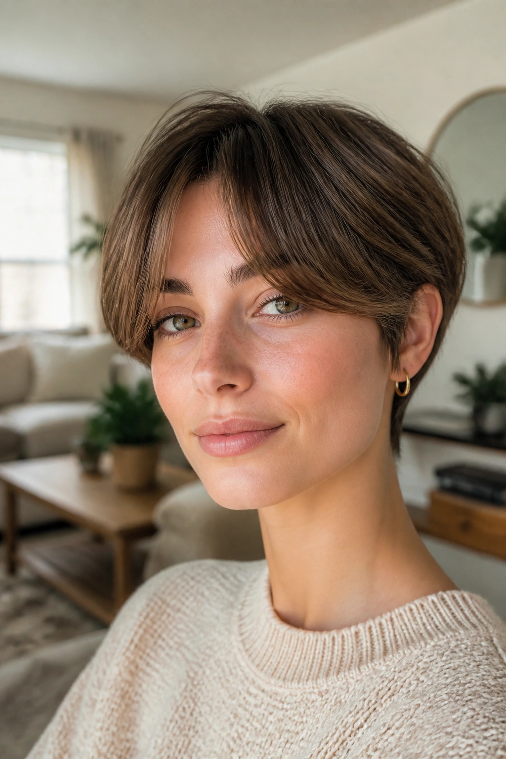 Close-up portrait of a person with curtain bangs and short crop
