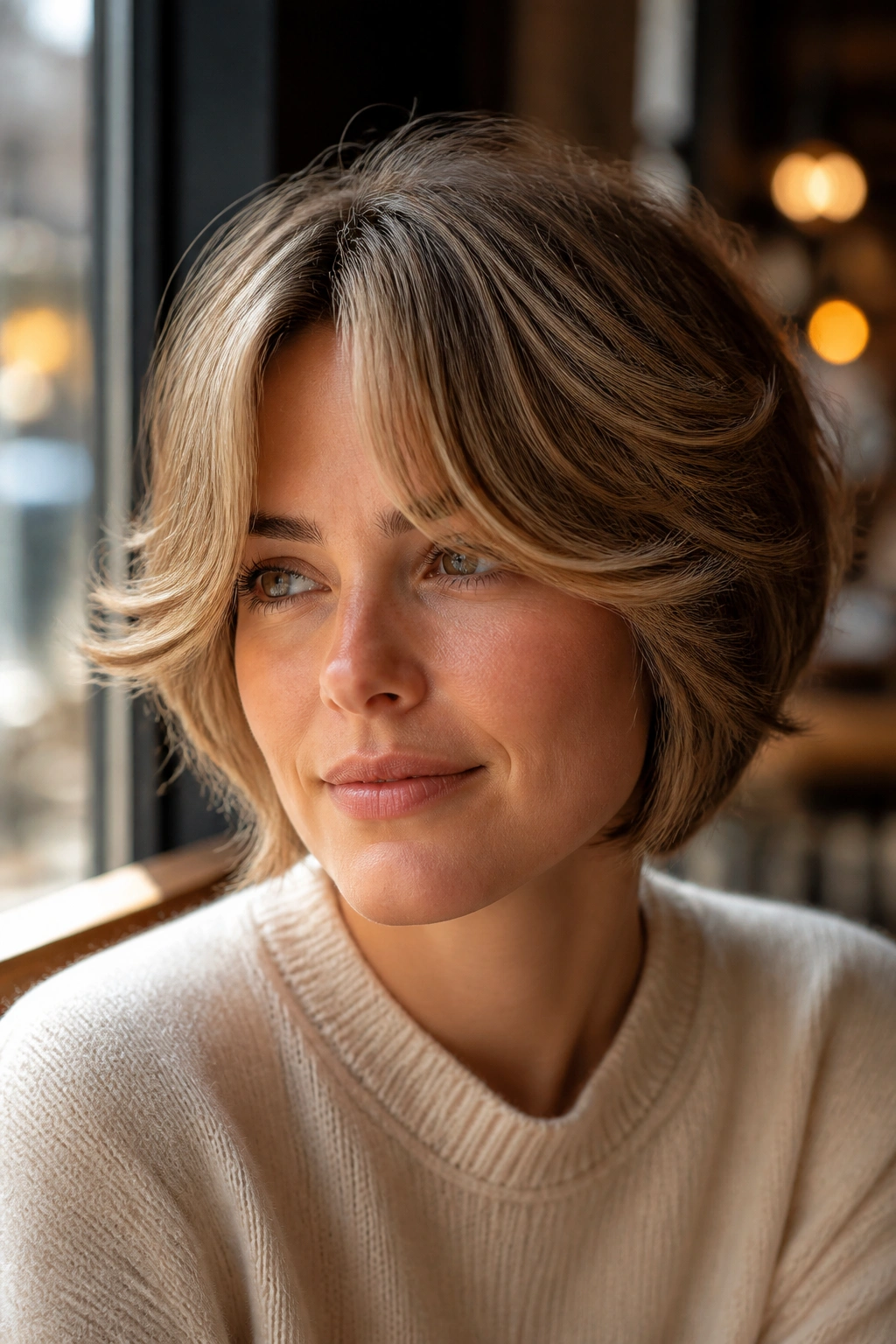Close-up of real person with curtain bangs and short layered cut