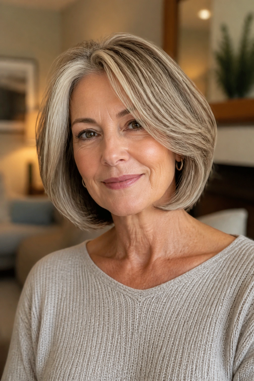 Close-up of a real woman with curved bob and face-framing layers