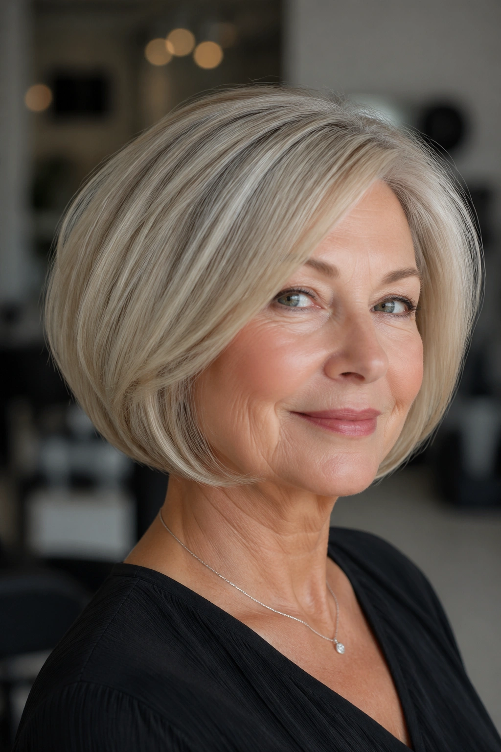 Close-up of real person with curved pageboy and soft volume.