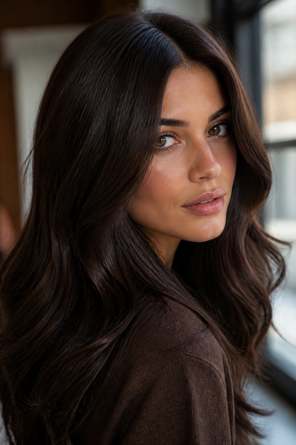 Close-up portrait with dark chocolate brown hair and glossy shine.