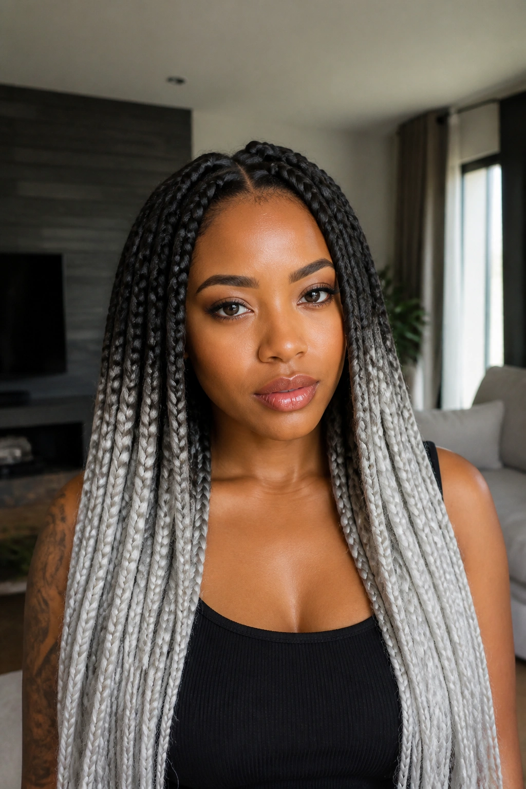 Real person with dark roots and platinum silver tips jumbo braids