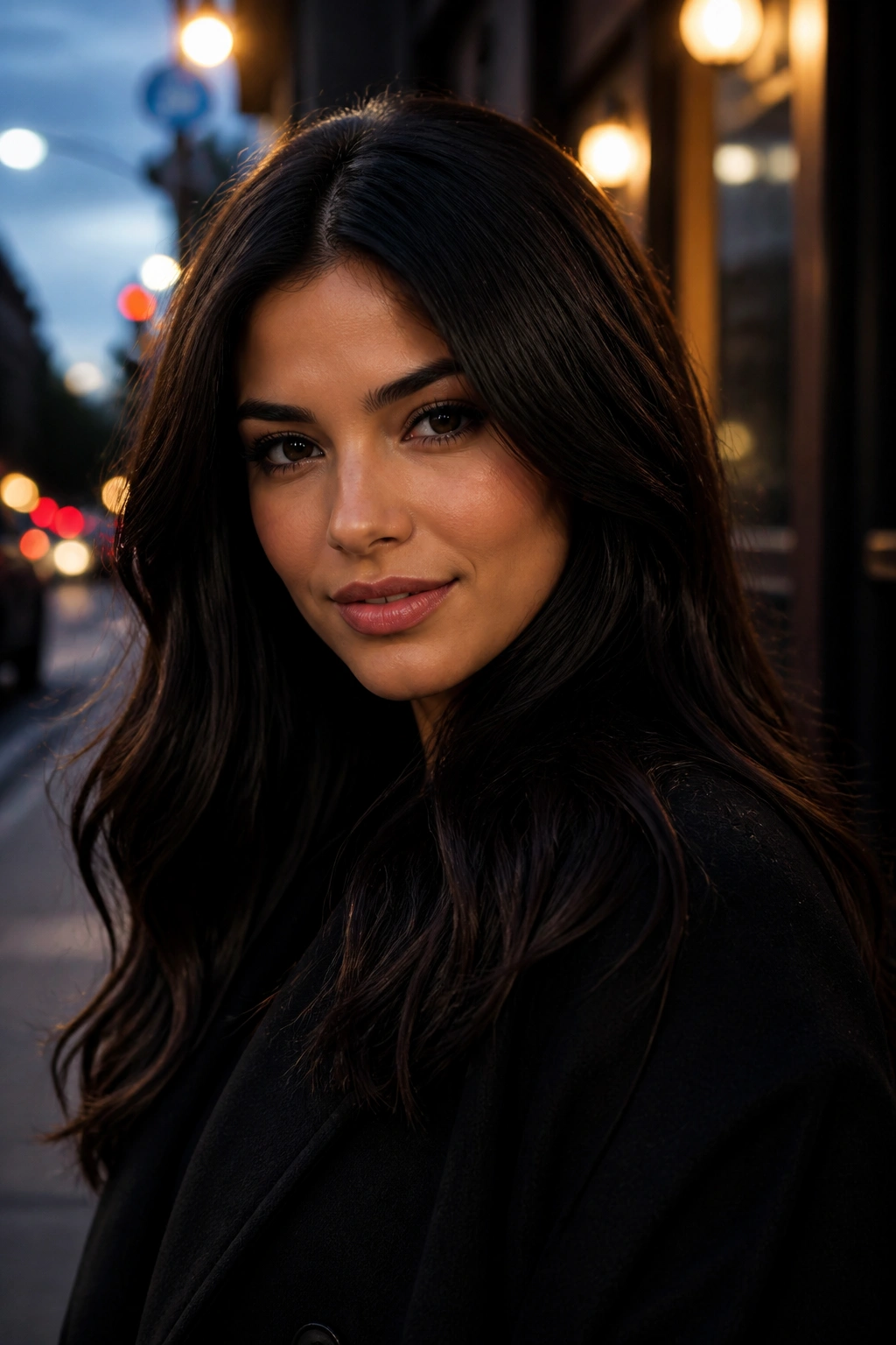 Close-up of a real person with deep espresso hair and glossy shine on an urban street at dusk.