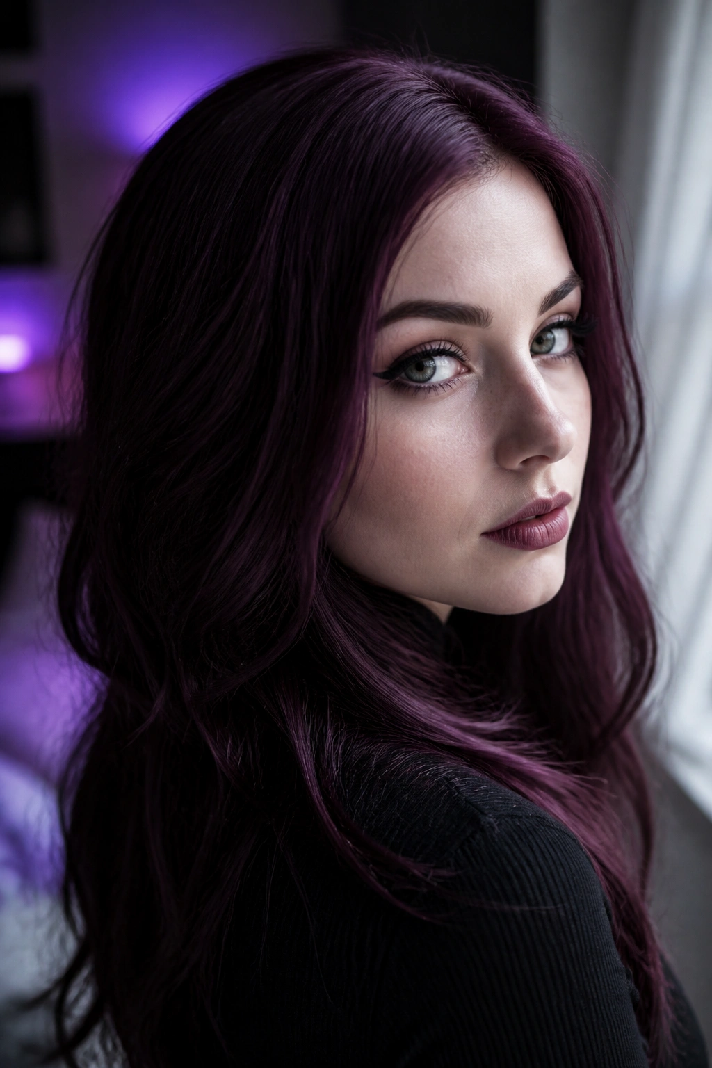 Portrait of person with deep plum hair and pale skin under purple-tinted light