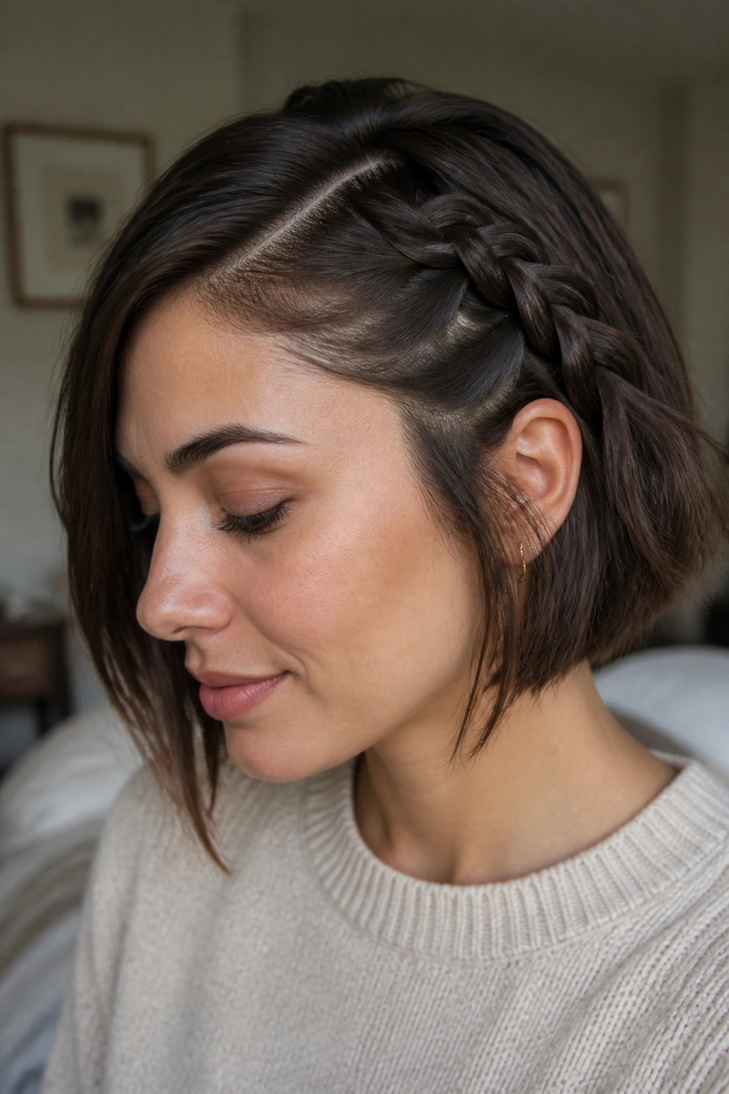 Close-up portrait of a real woman with a deep side Dutch braid along her hairline