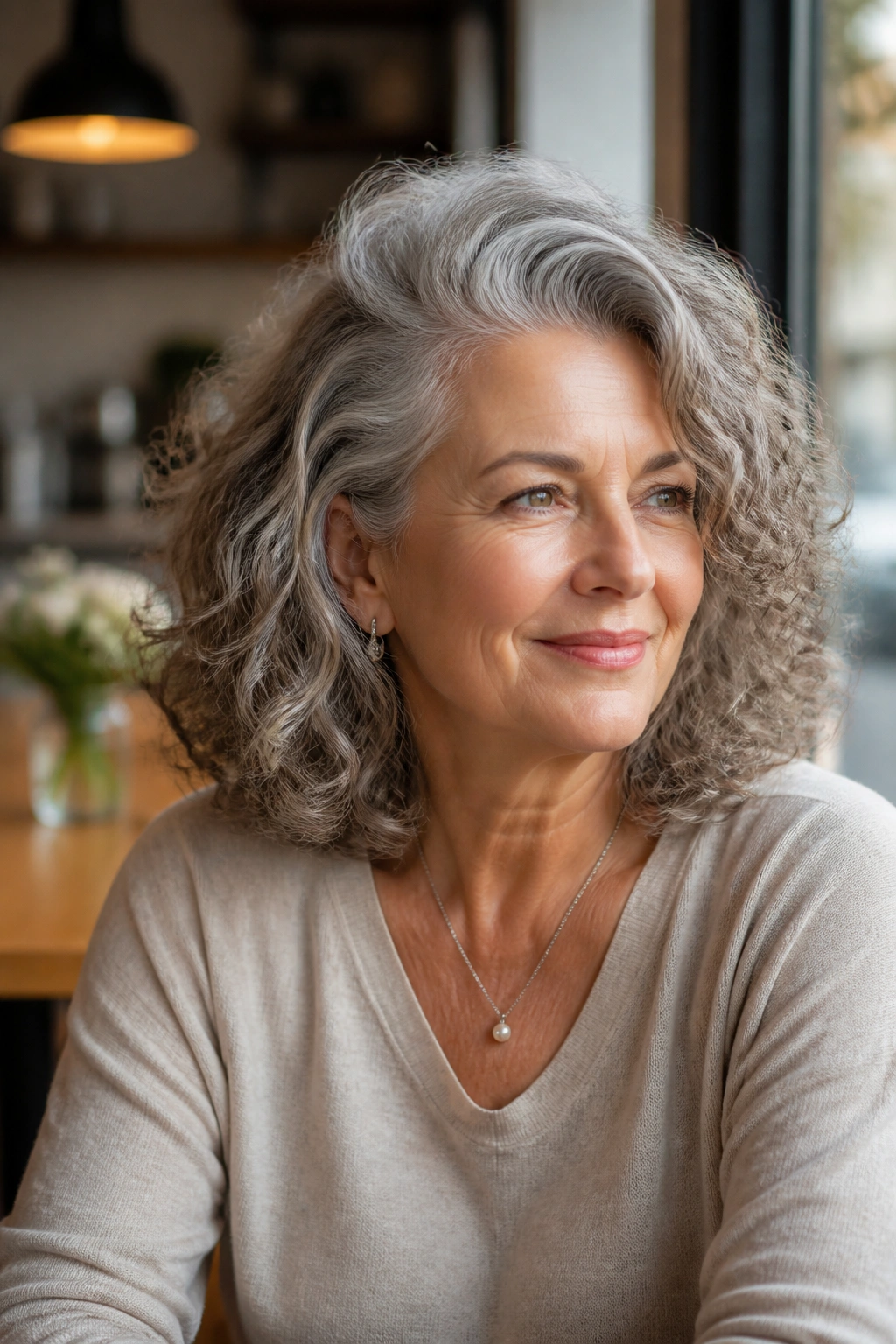 Portrait of an older woman with a deep side-parted curly lob in a cafe setting.