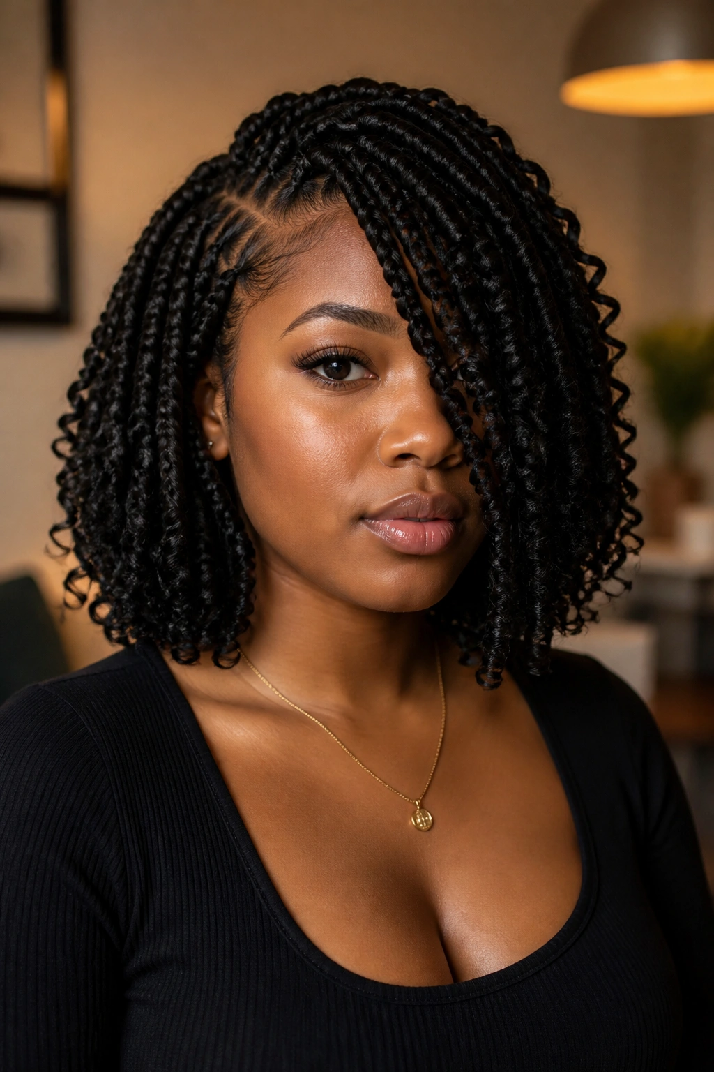 Close-up of a real woman with a deep side-parted goddess bob