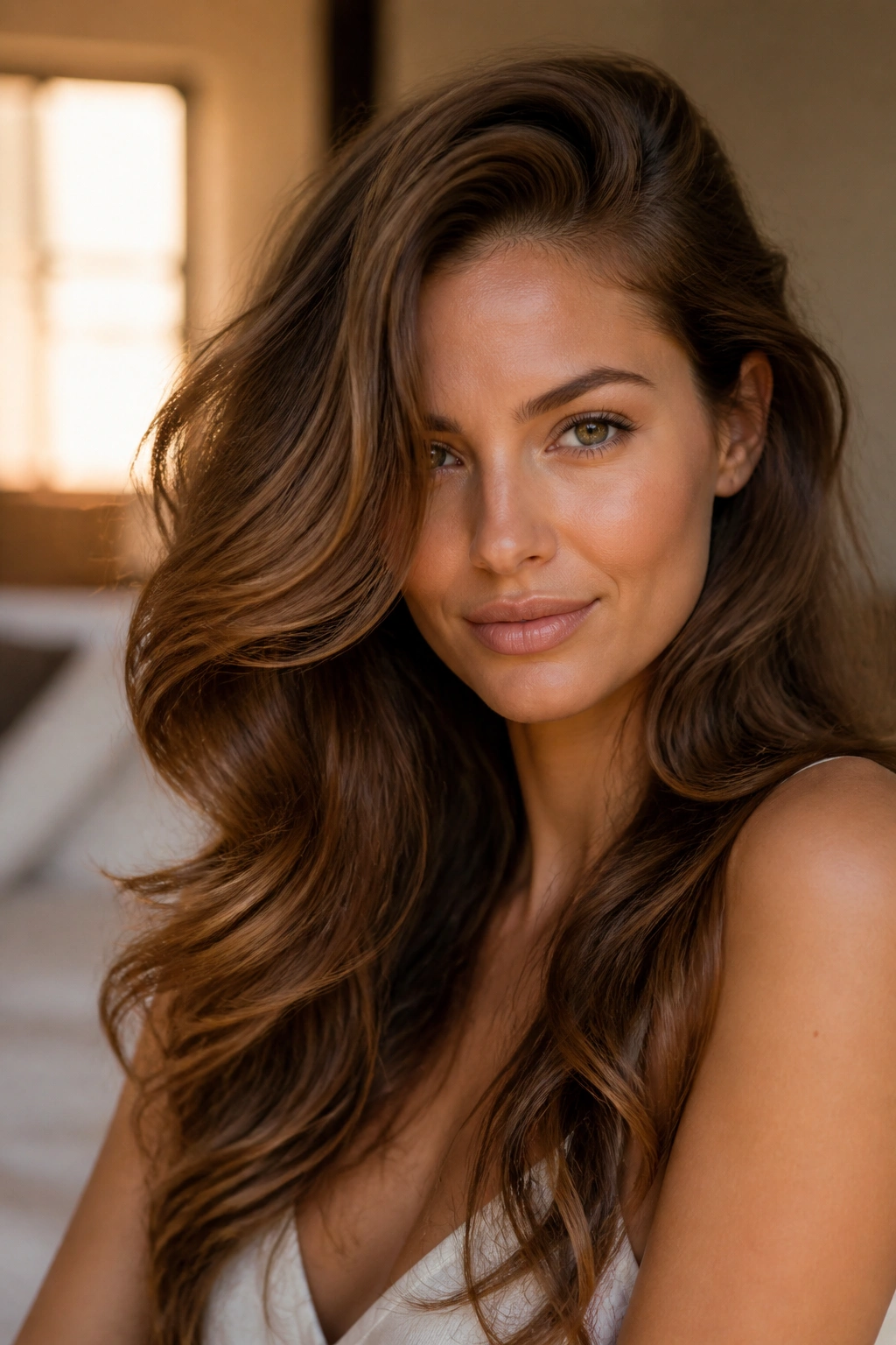 Close-up of a real person with deep side-part Hollywood layered waves