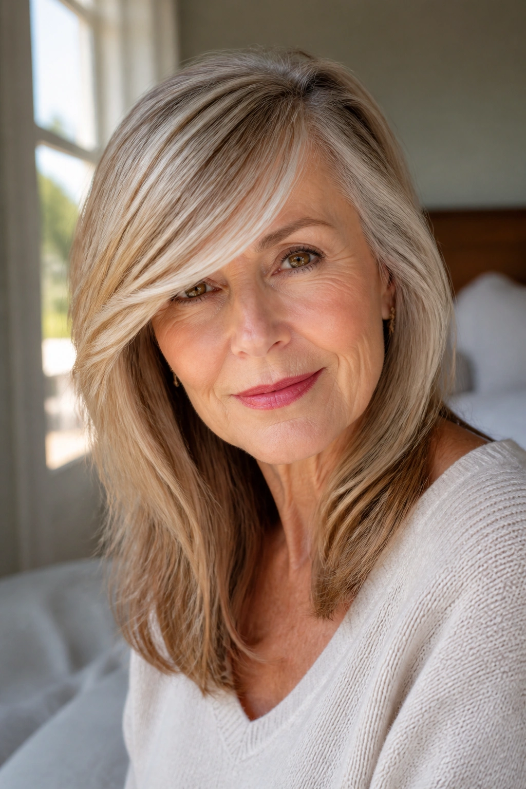 Real woman with deep side-swept bangs and medium-length hair.
