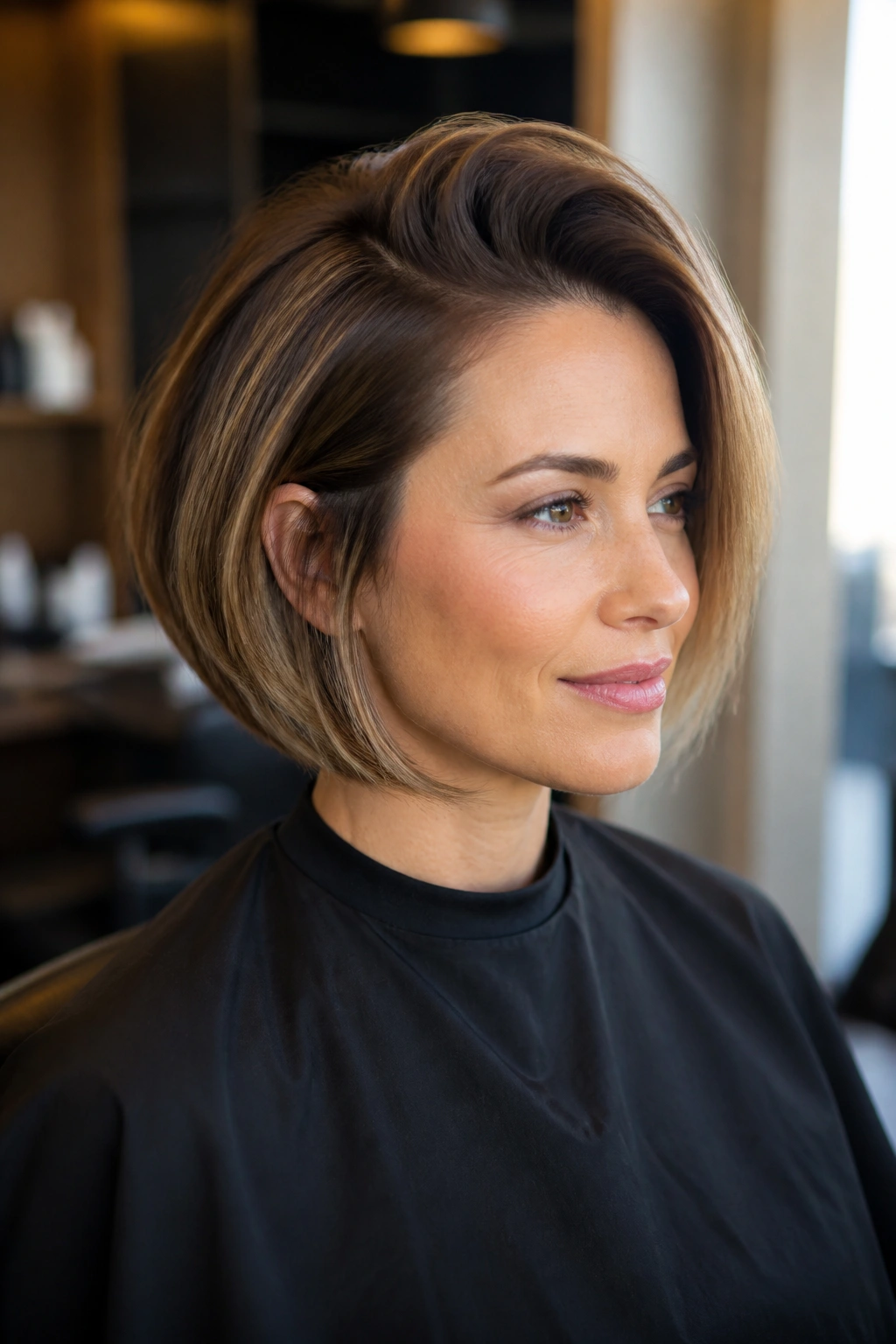 Close-up of real person with deep side-part bob and lifted roots
