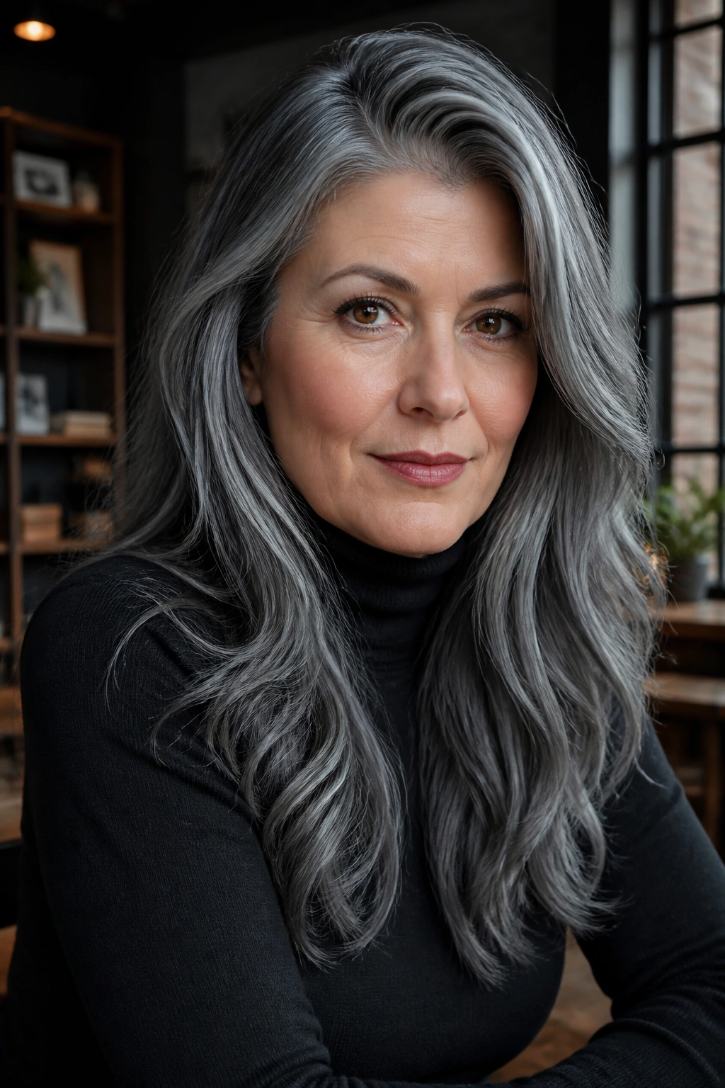 Close-up portrait of a real person with deep steel gray hair and glossy texture