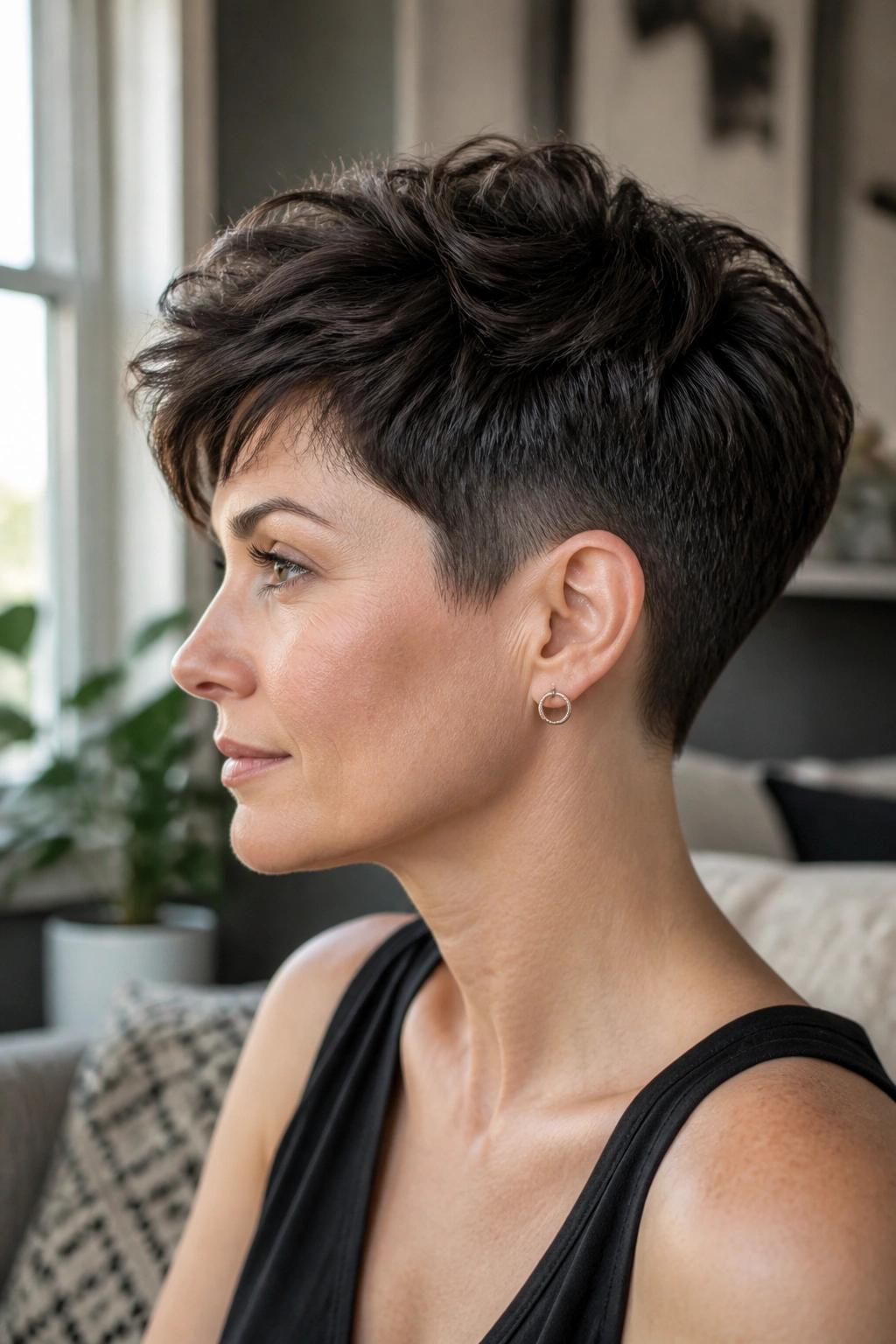Close-up portrait of a real person with a dense pixie showing negative space and a tapered nape in natural light