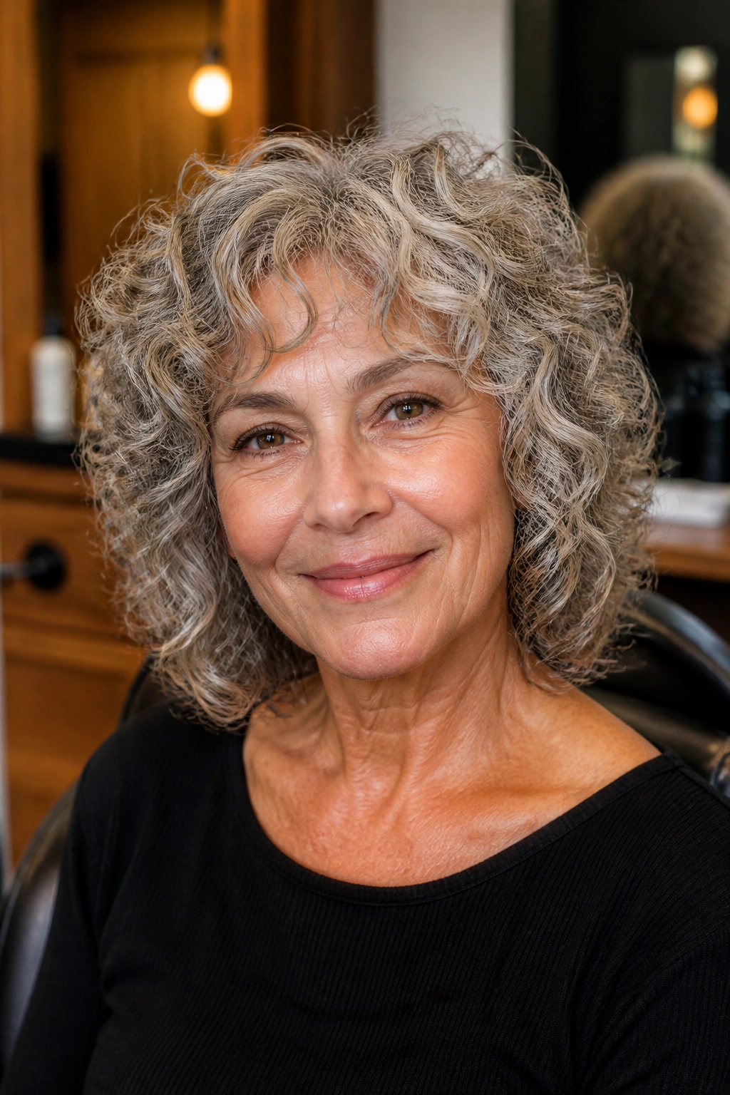 Close-up of an older woman with curl-by-curl DevaCut texture in a salon setting.