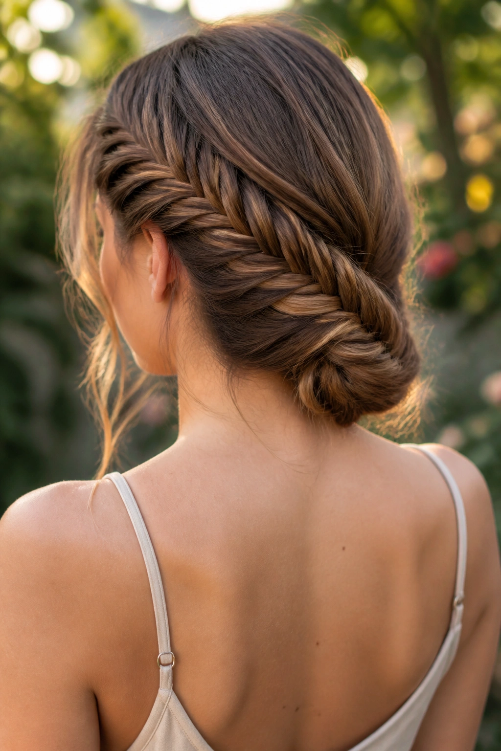 Rear three-quarter portrait showing a diagonal back fishtail braid along the nape.