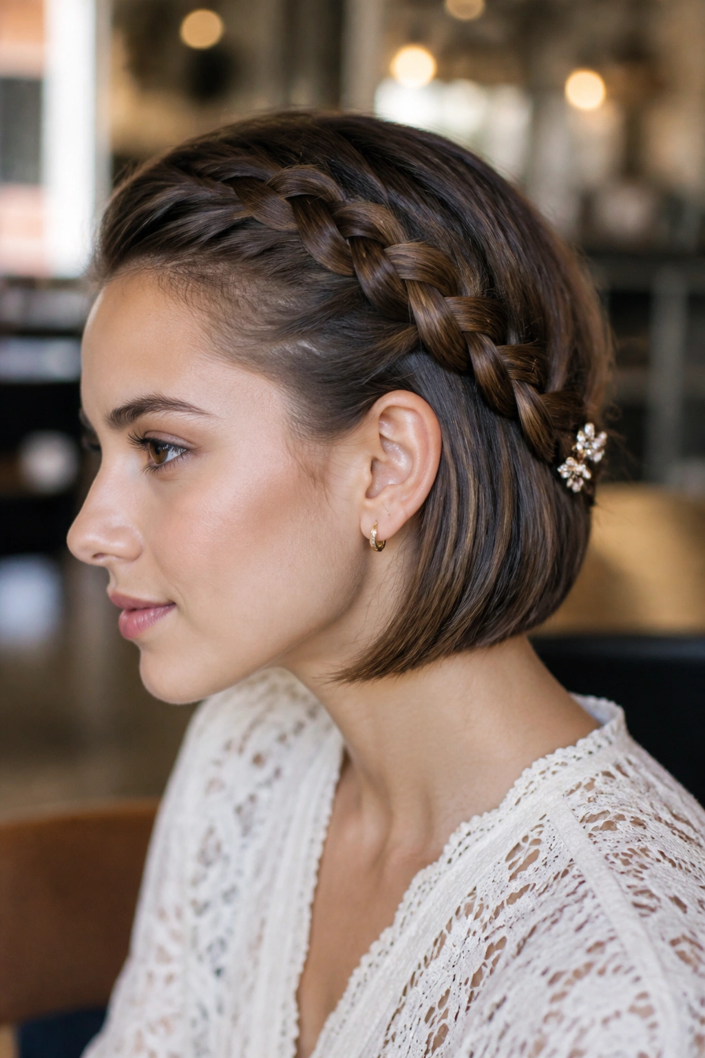 Close-up of a person with a diagonal Dutch swoop braid from temple to nape