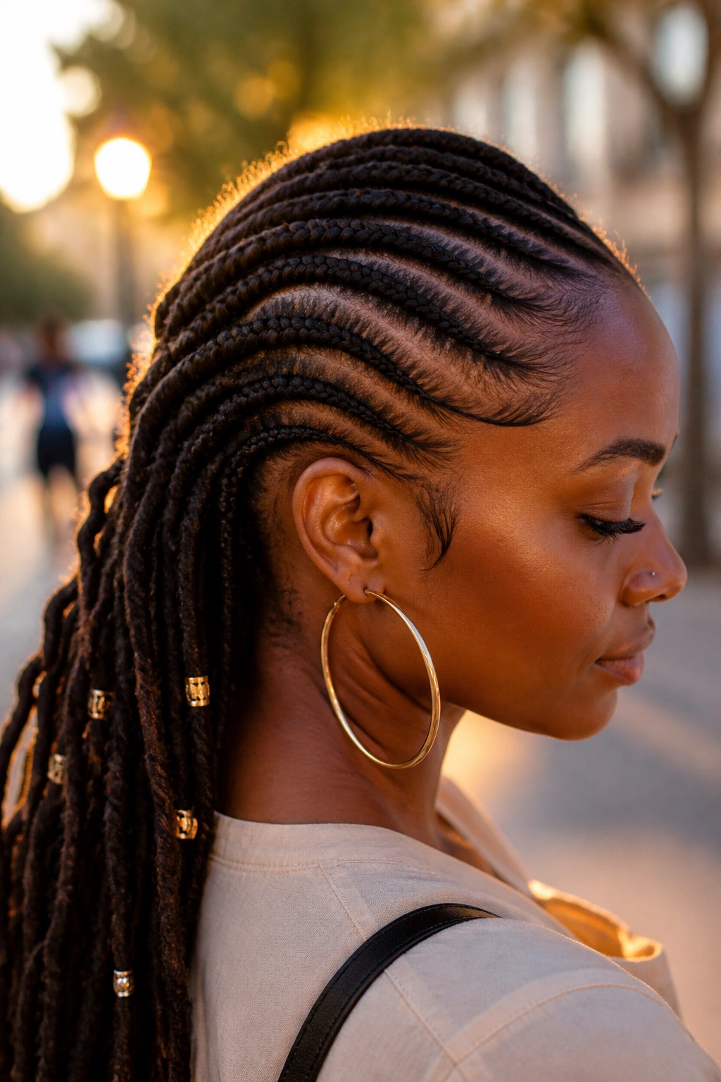 Side-profile of a real woman with diagonal feed-in braids sweeping across the crown