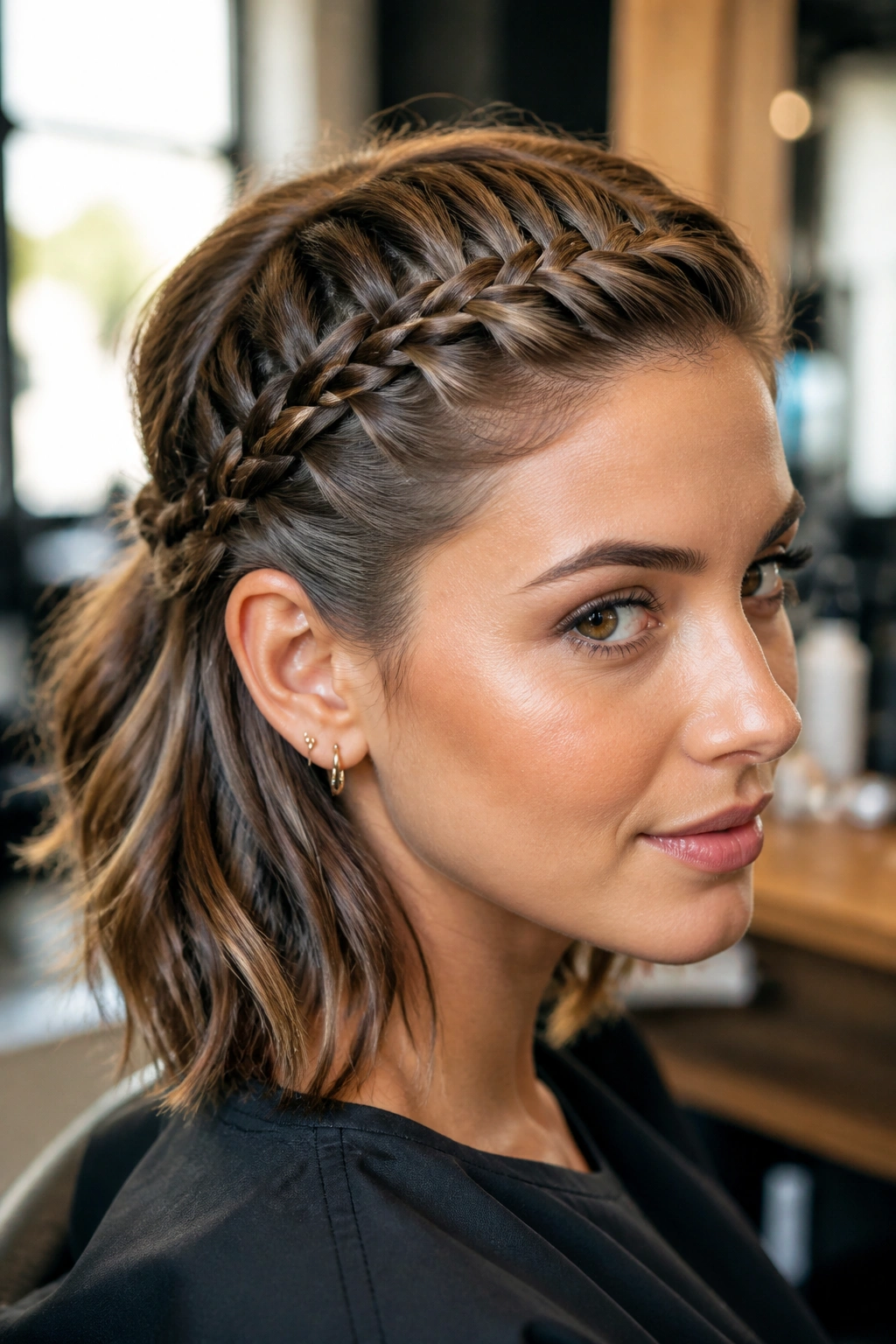 Close-up of a real woman with a diagonal lace path braid on a lob