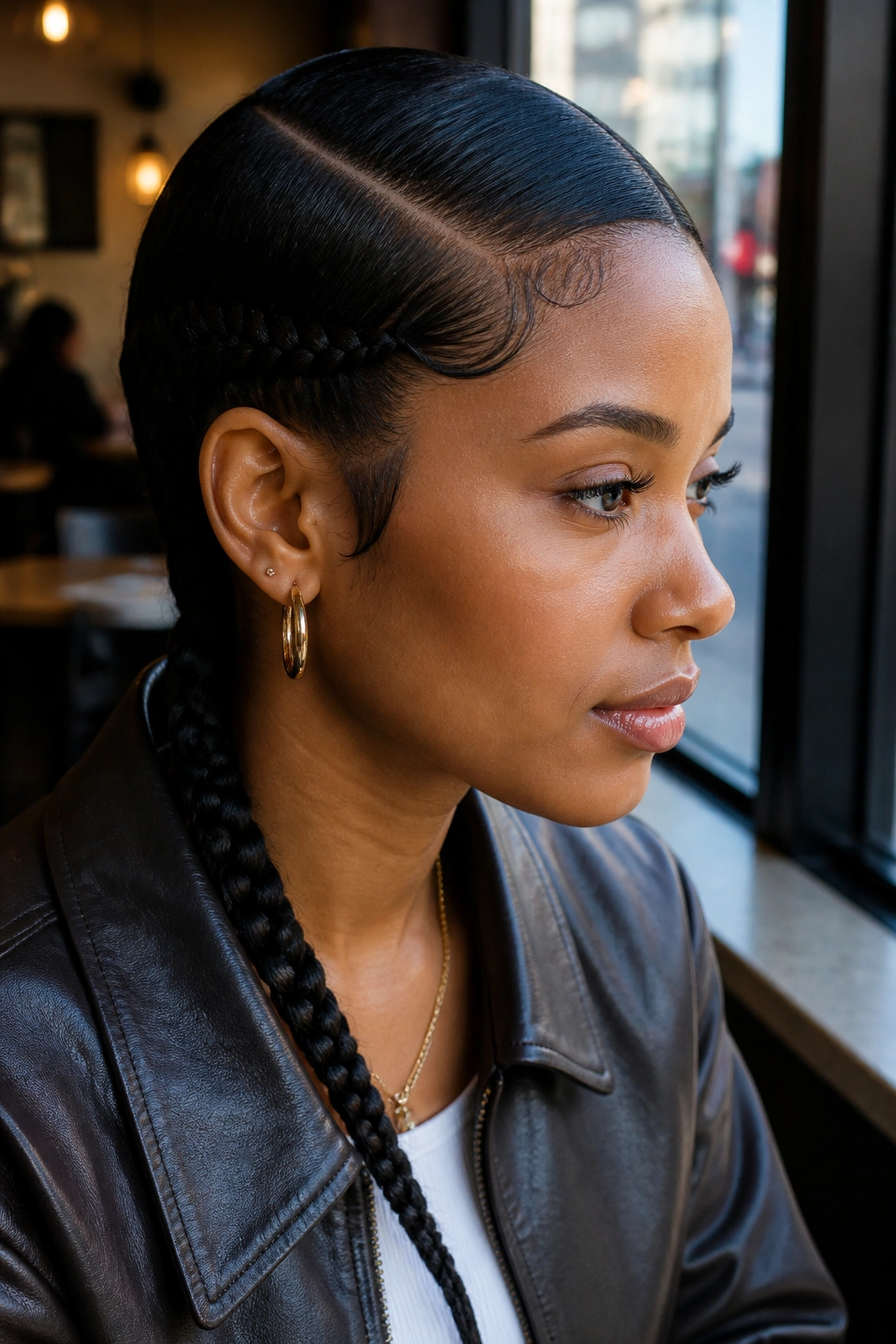Profile view of a real woman with a diagonal-part slick braid