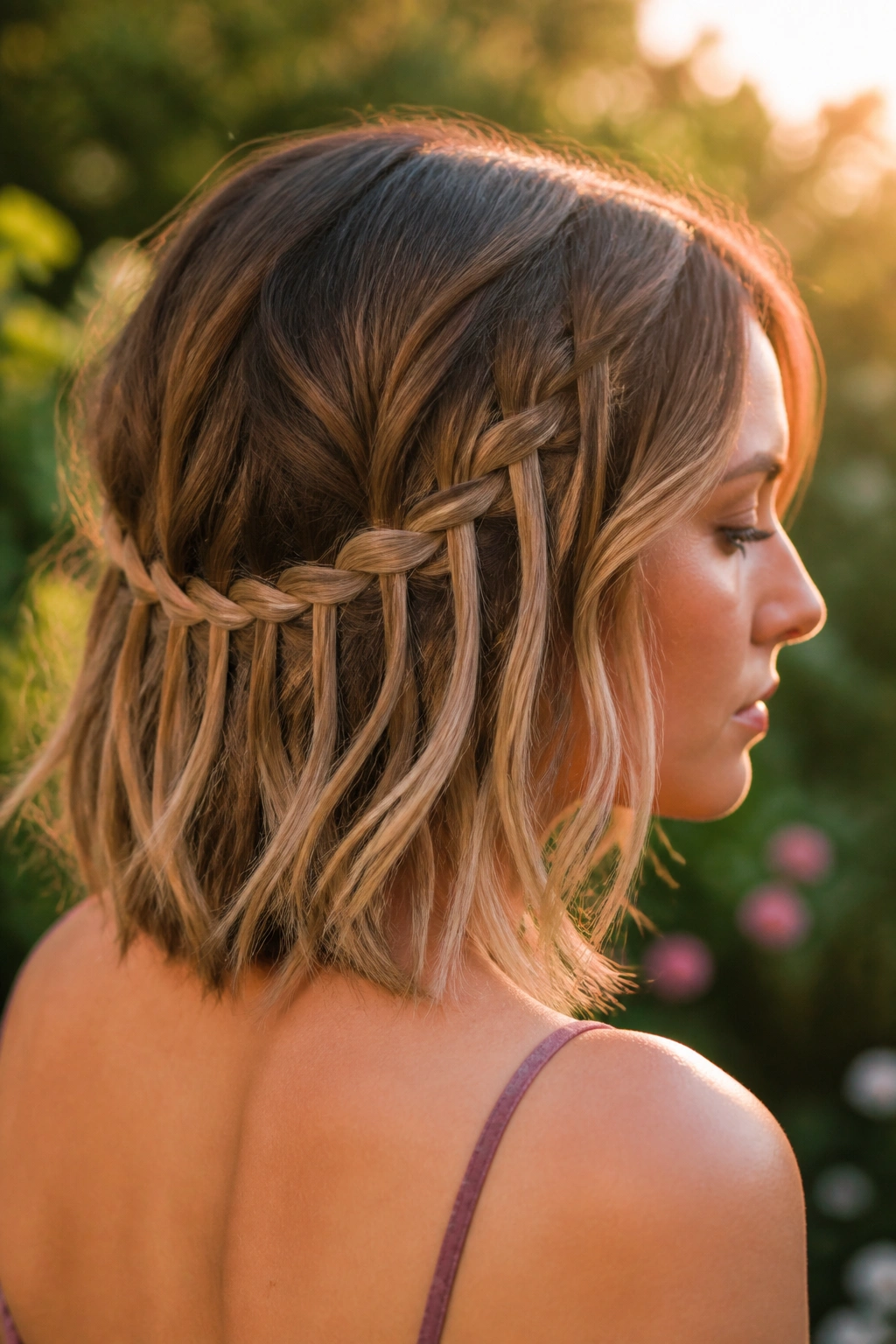 Close-up of a real woman with a dipping waterfall lace braid across the lob.