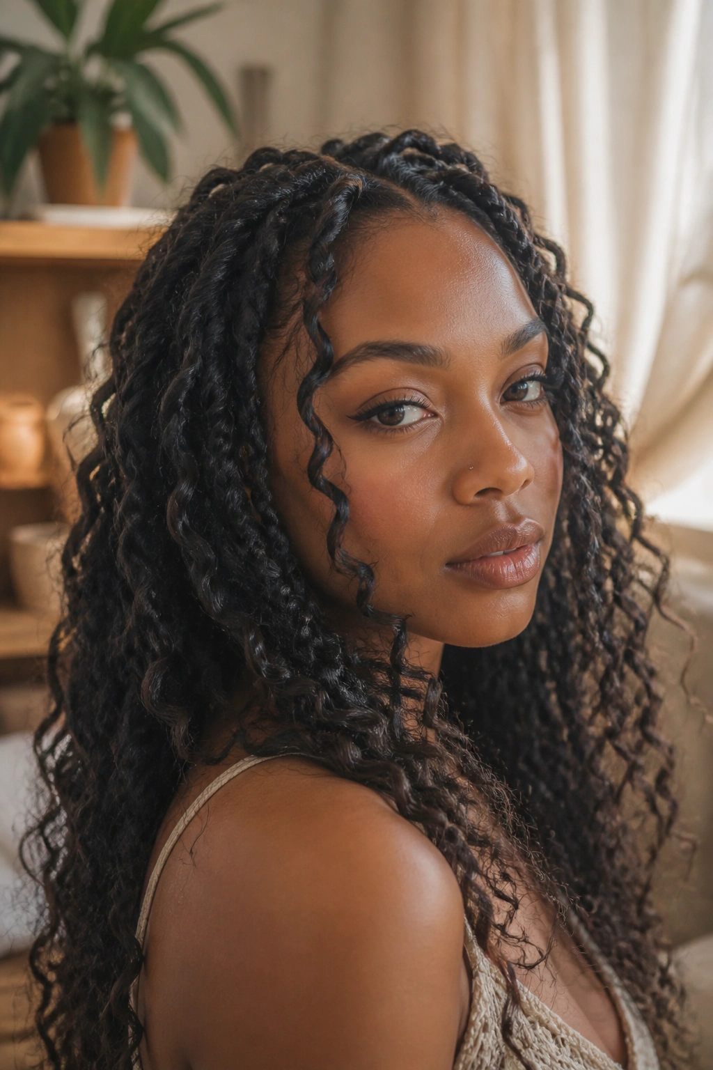 Real person with distressed passion twists featuring loops and knots in water wave hair.